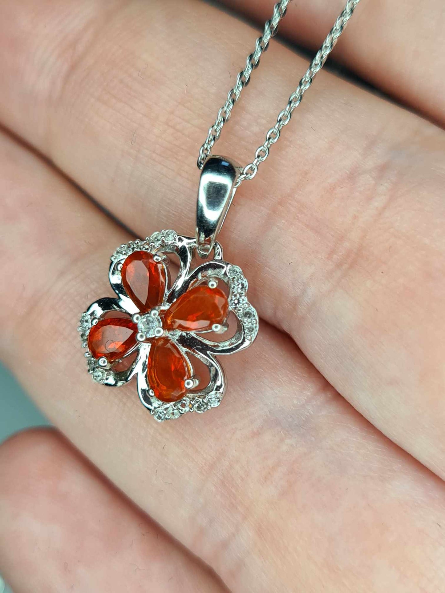 0.790ct. Fire Opal & Natural Zircon Clover Necklace in Platinum Overlay 925 Sterling Silver