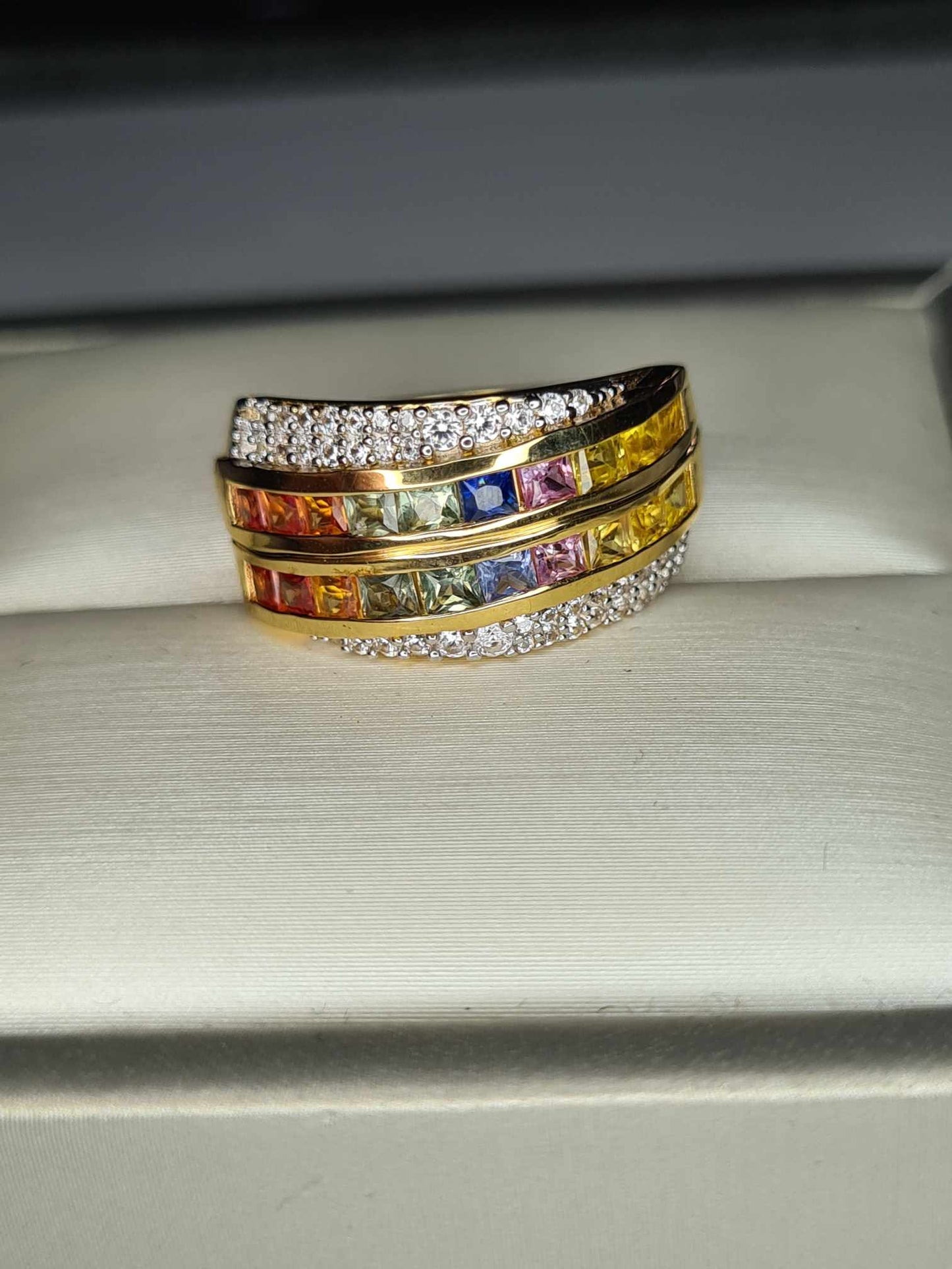 2ct Rainbow Sapphire & Natural Zircon Cluster Band Ring in 18K Gold Overlay 925 Sterling Silver SIZE J