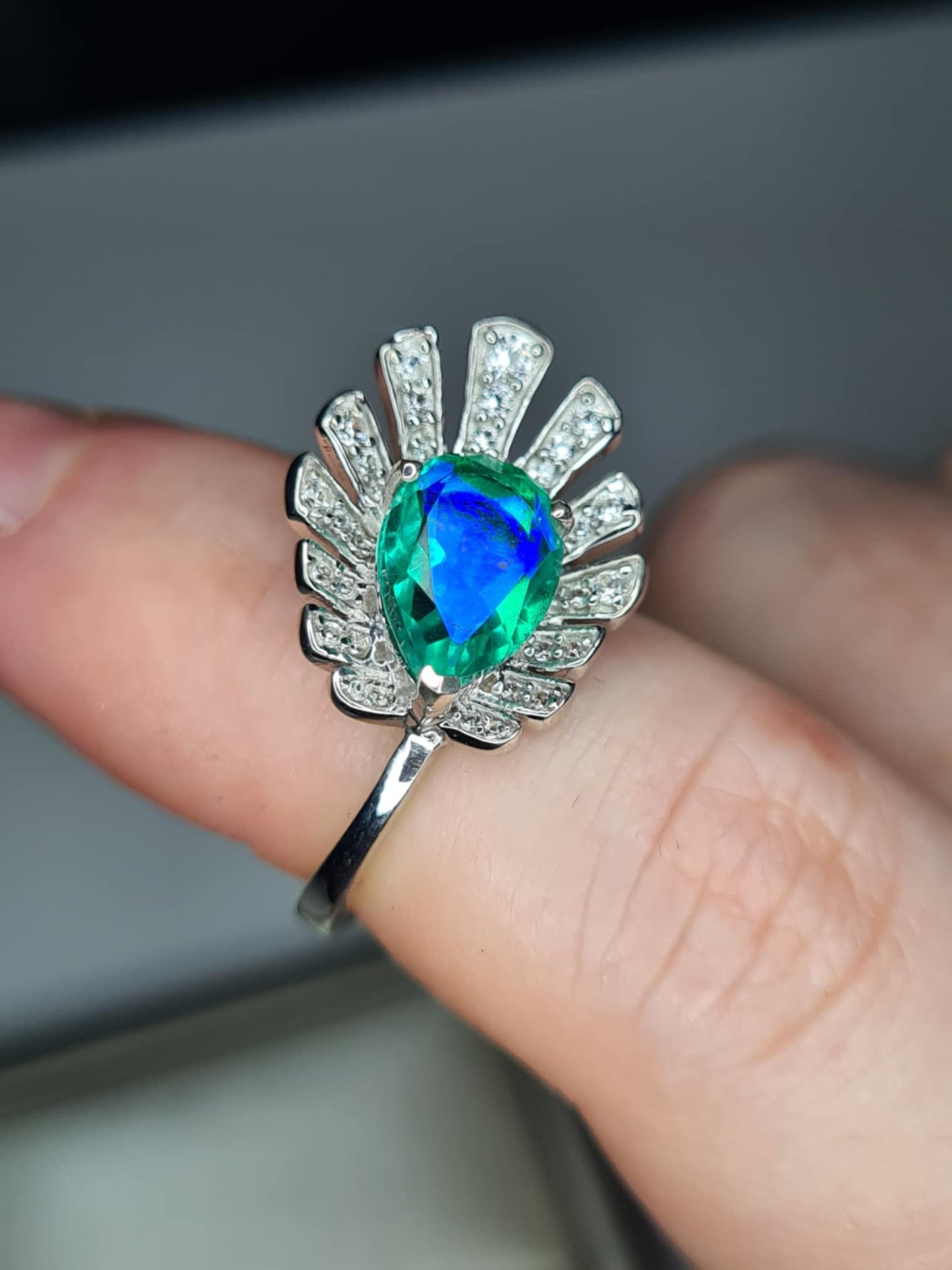 2.59 Ct Peacock Triplet Quartz, White Zircon Ring in 925 Sterling Silver SIZE K