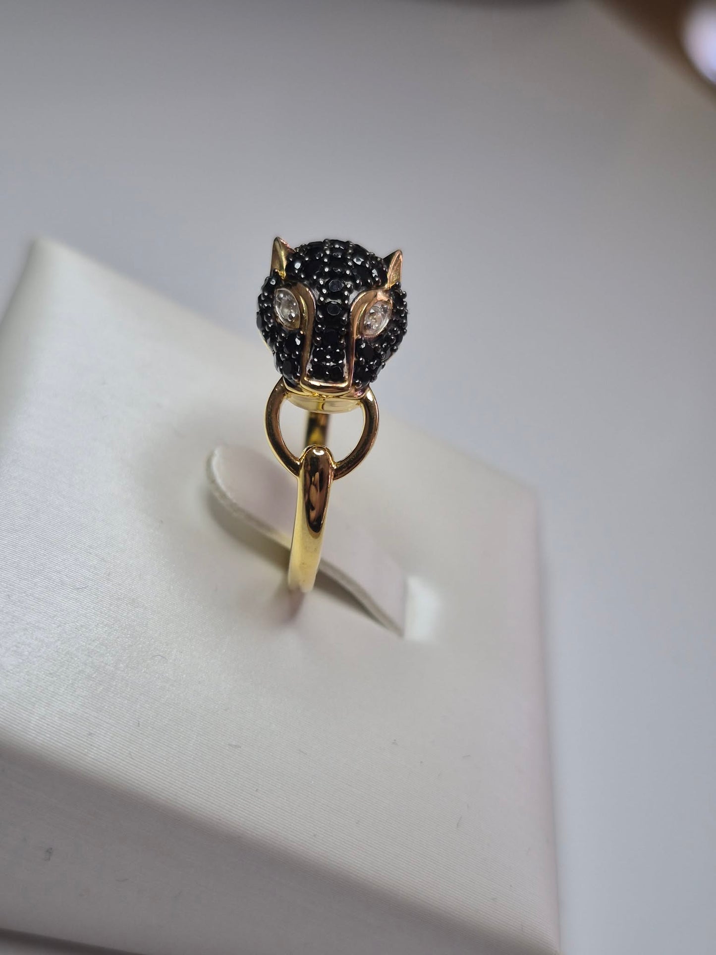 1.16ct Black Spinel & White Zircon Panther Ring in 18K 925 Sterling Silver SZIES R, S