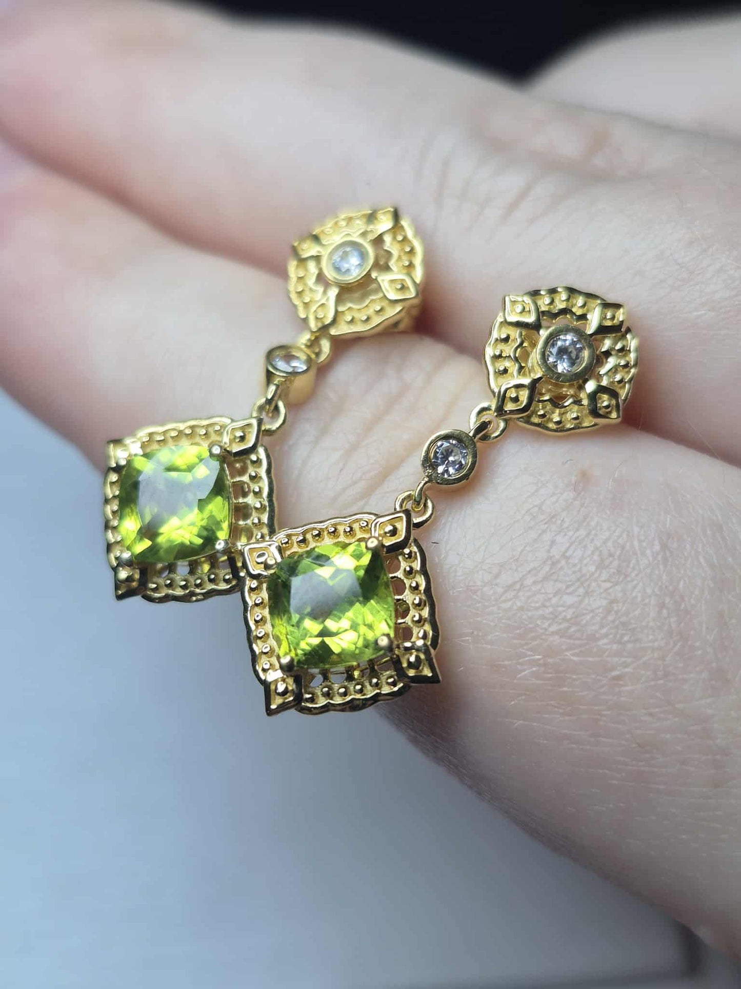 Natural Hebei Peridot, White Zircon Dangling Victorian Dangle Earrings 925 Sterling Silver