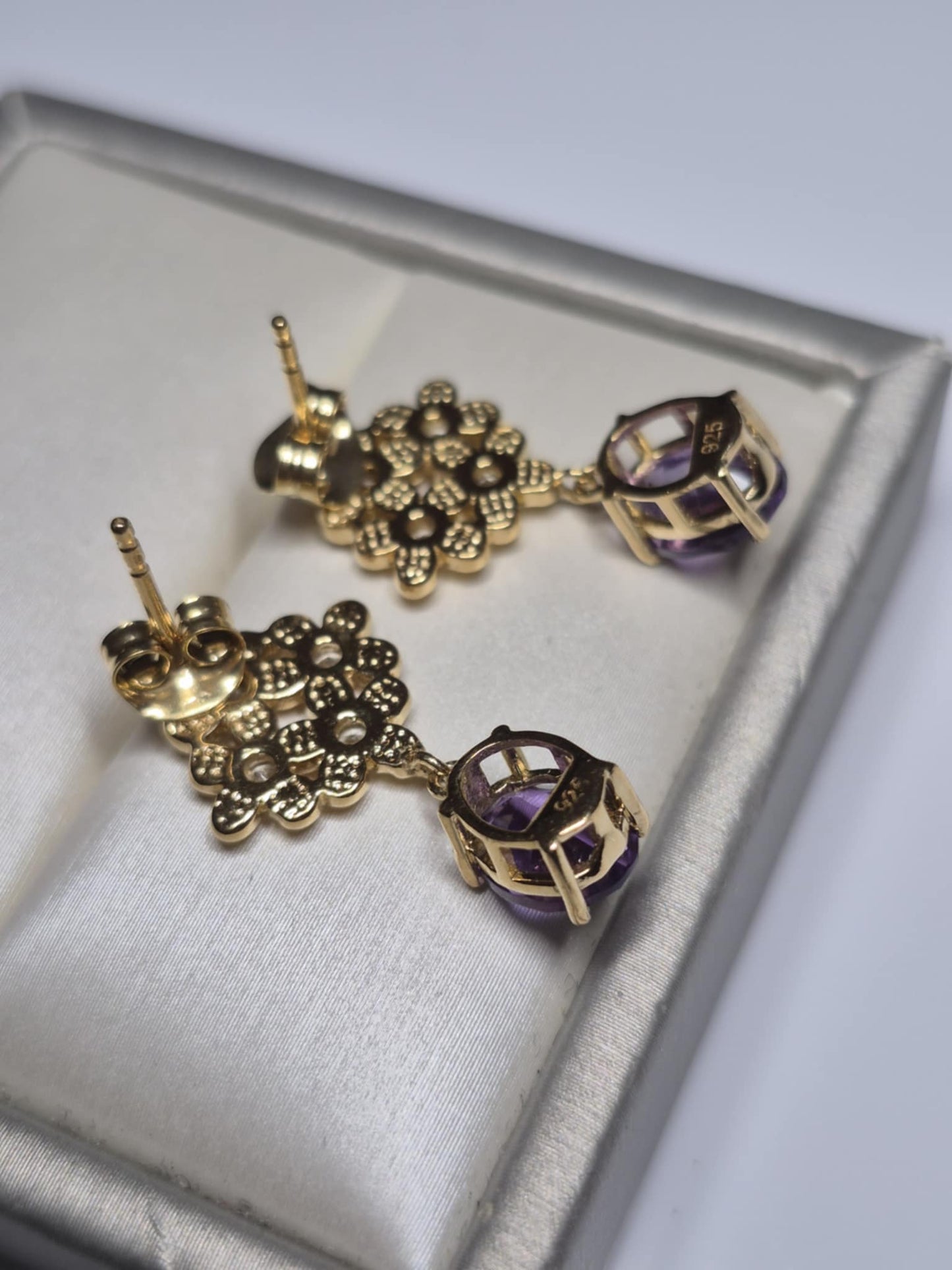 African Amethyst & White Zircon Floral Earrings in 18K Gold Overlay 925 Sterling Silver
