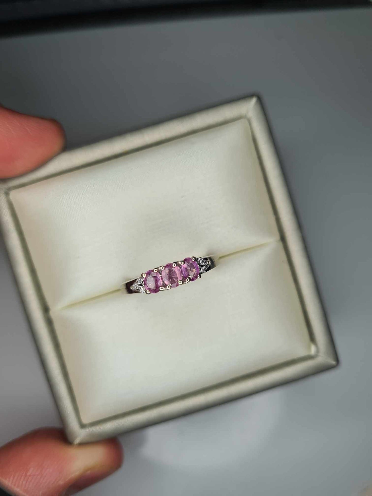 0.720ct Pink Sapphire and White Zircon Trilogy Ring in Rhodium 925 Sterling Silver SIZE K