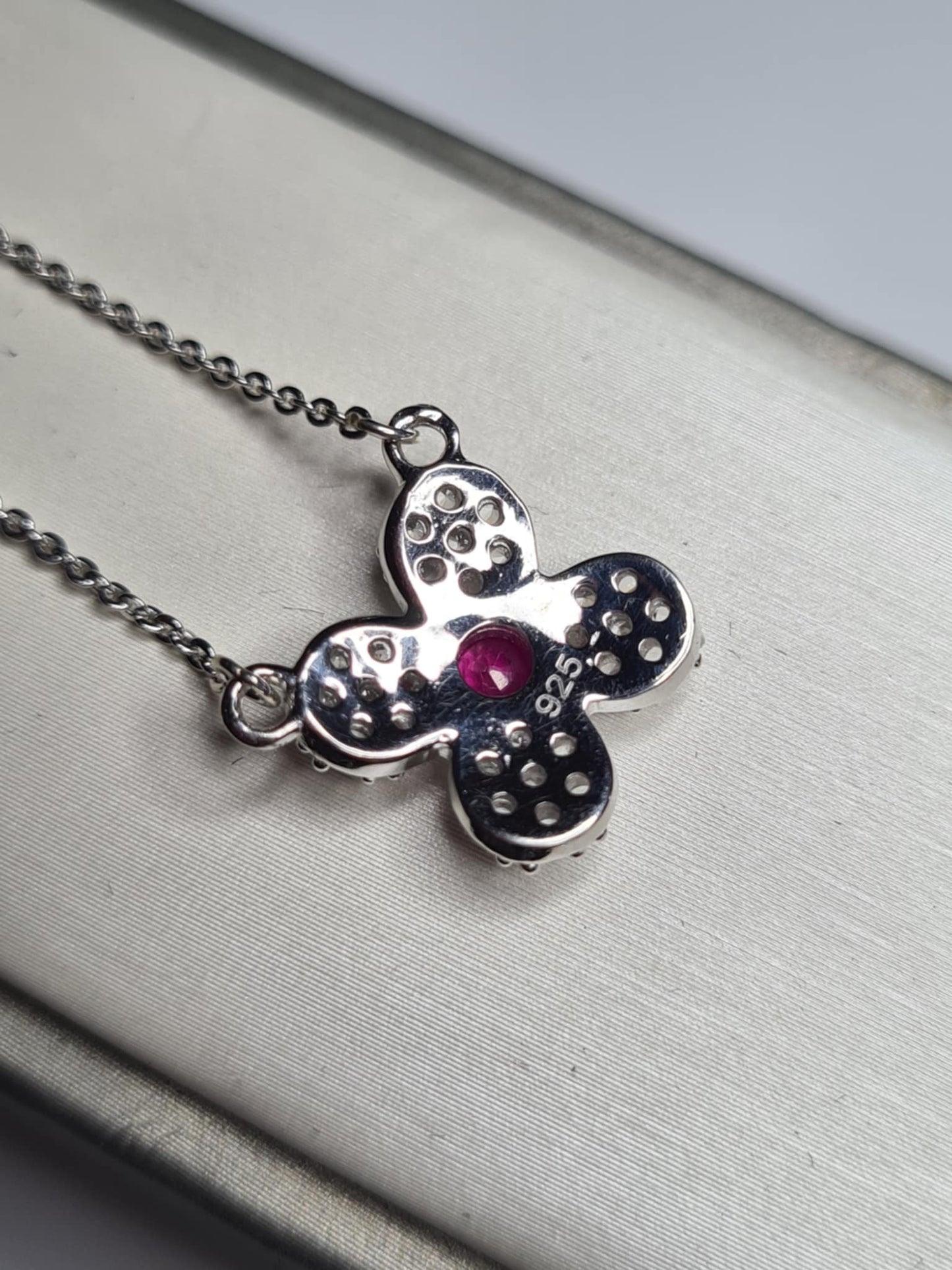 Mozambique Ruby, White Zircon Floral Necklace in Rhodium Overlay 925 Sterling Silver
