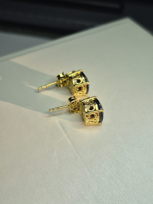 4.65 Ct. Natural Thai Black Spinel & White Zircon Solitaire Stud Earrings 18k Gold 925 Sterling Silver