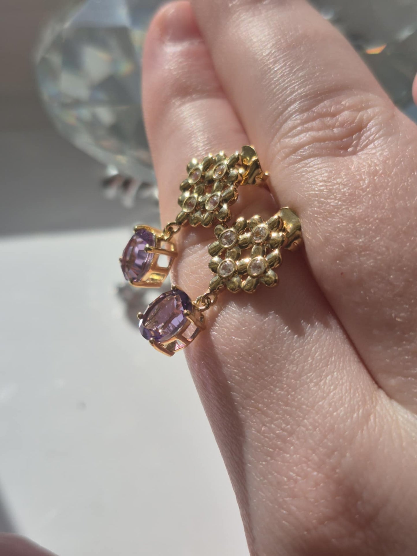 African Amethyst & White Zircon Floral Earrings in 18K Gold Overlay 925 Sterling Silver