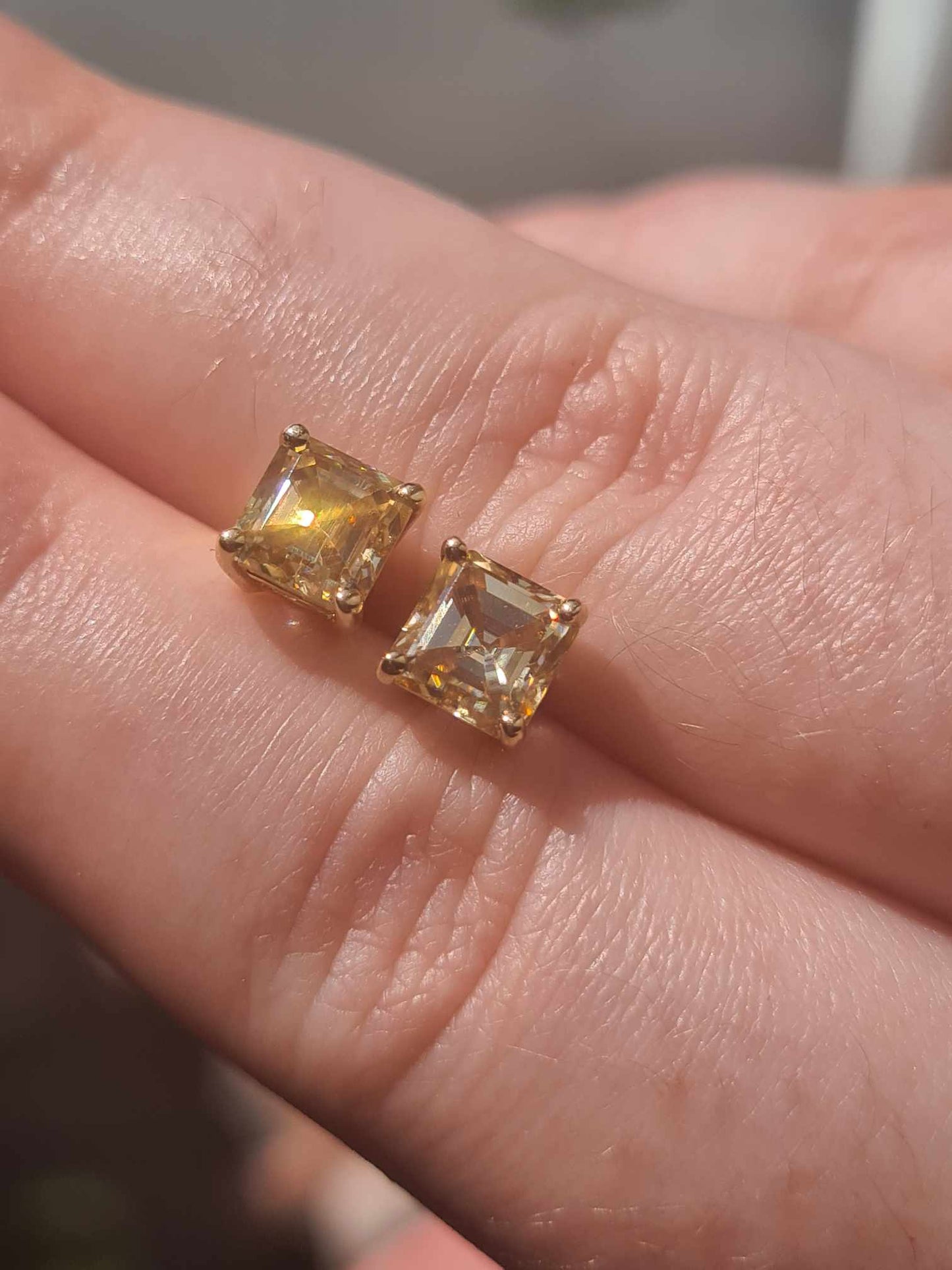 2.50ct 9K Yellow Gold Champagne Moissanite Princess Cut Solitaire Stud Earrings