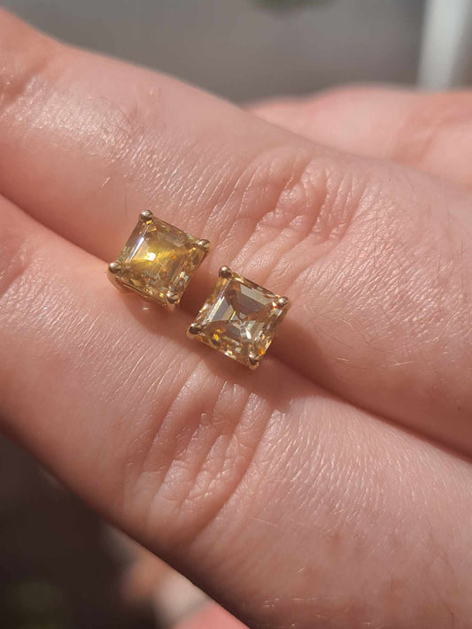 2.50ct 9K Yellow Gold Champagne Moissanite Princess Cut Solitaire Stud Earrings