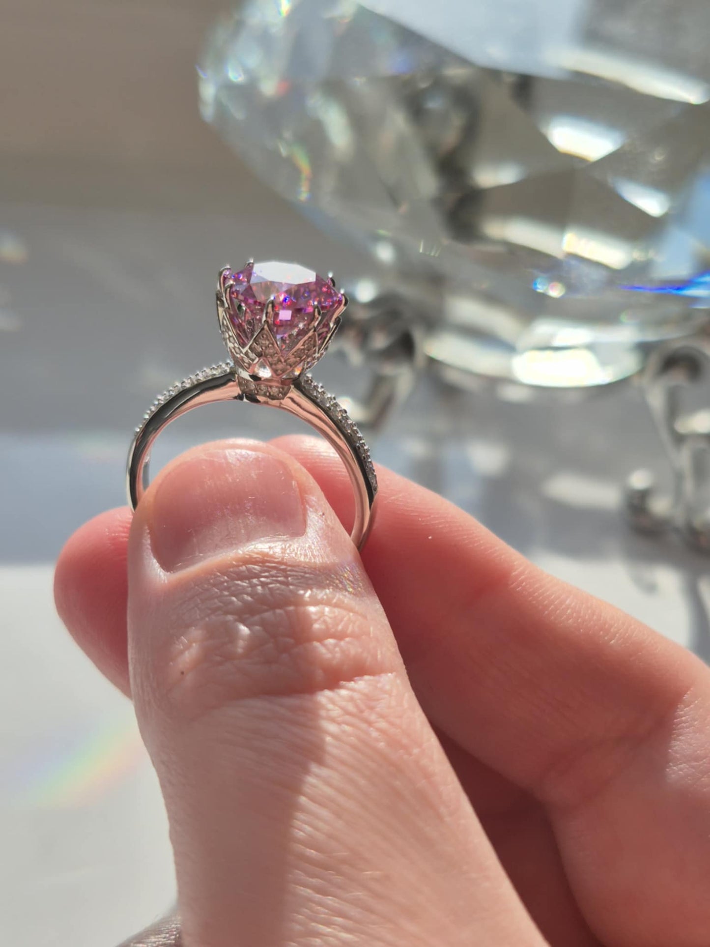 2.91ct Pink Lotus Moissanite Ring in Rhodium Overlay 925 Sterling Silver SIZE P