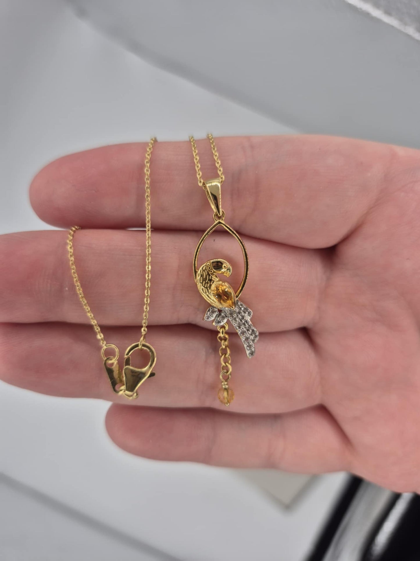 0.756ct. Citrine , White Zircon, Blue Sapphire Bird Necklace in 18K Gold Overlay 925 Sterling Silver