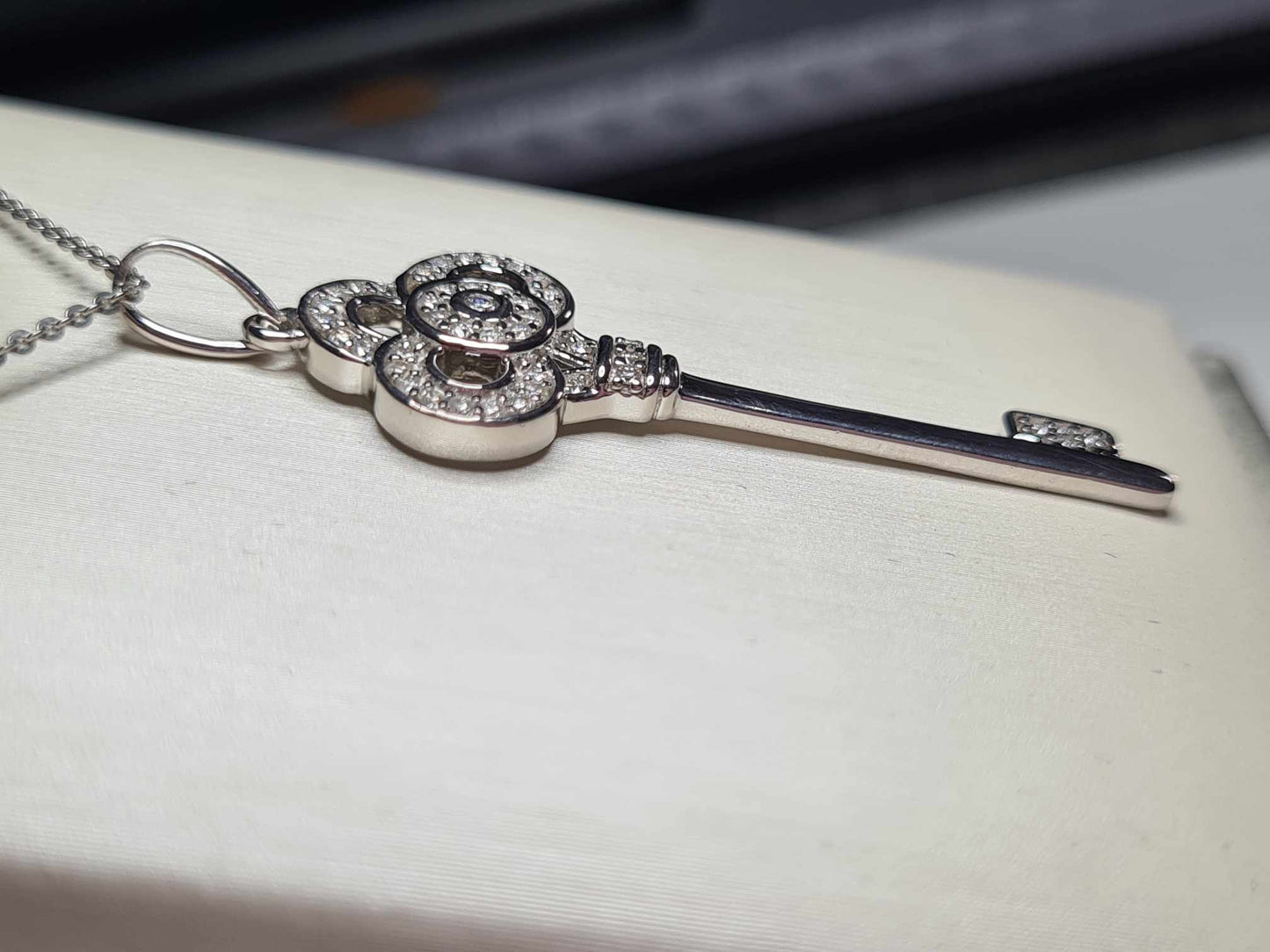 Moissanite Key Necklace Platinum Overlay 925 Sterling Silver