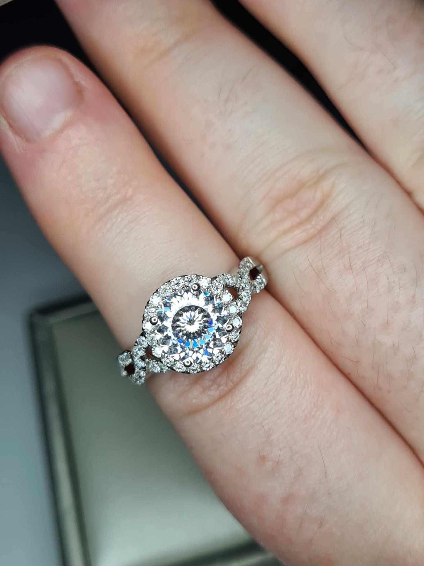 2.11ct Moissanite Halo Ring 925 Sterling Silver with platinum overlay SIZE O