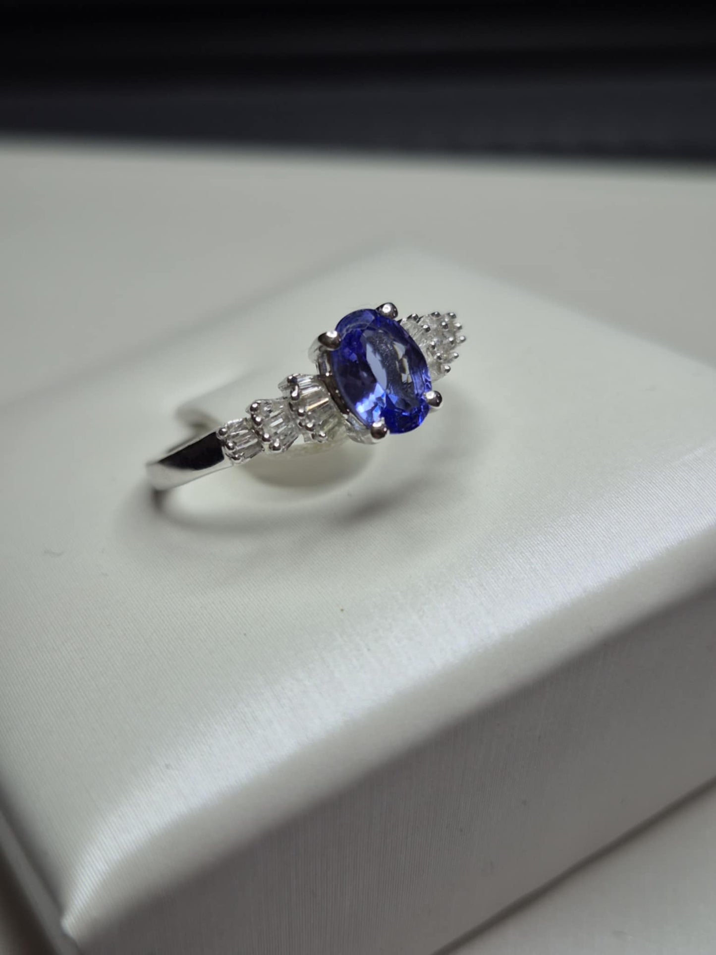 Tanzanite & White Diamond Ballerina Ring Rhodium Overlay 925 Sterling Silver SIZE M