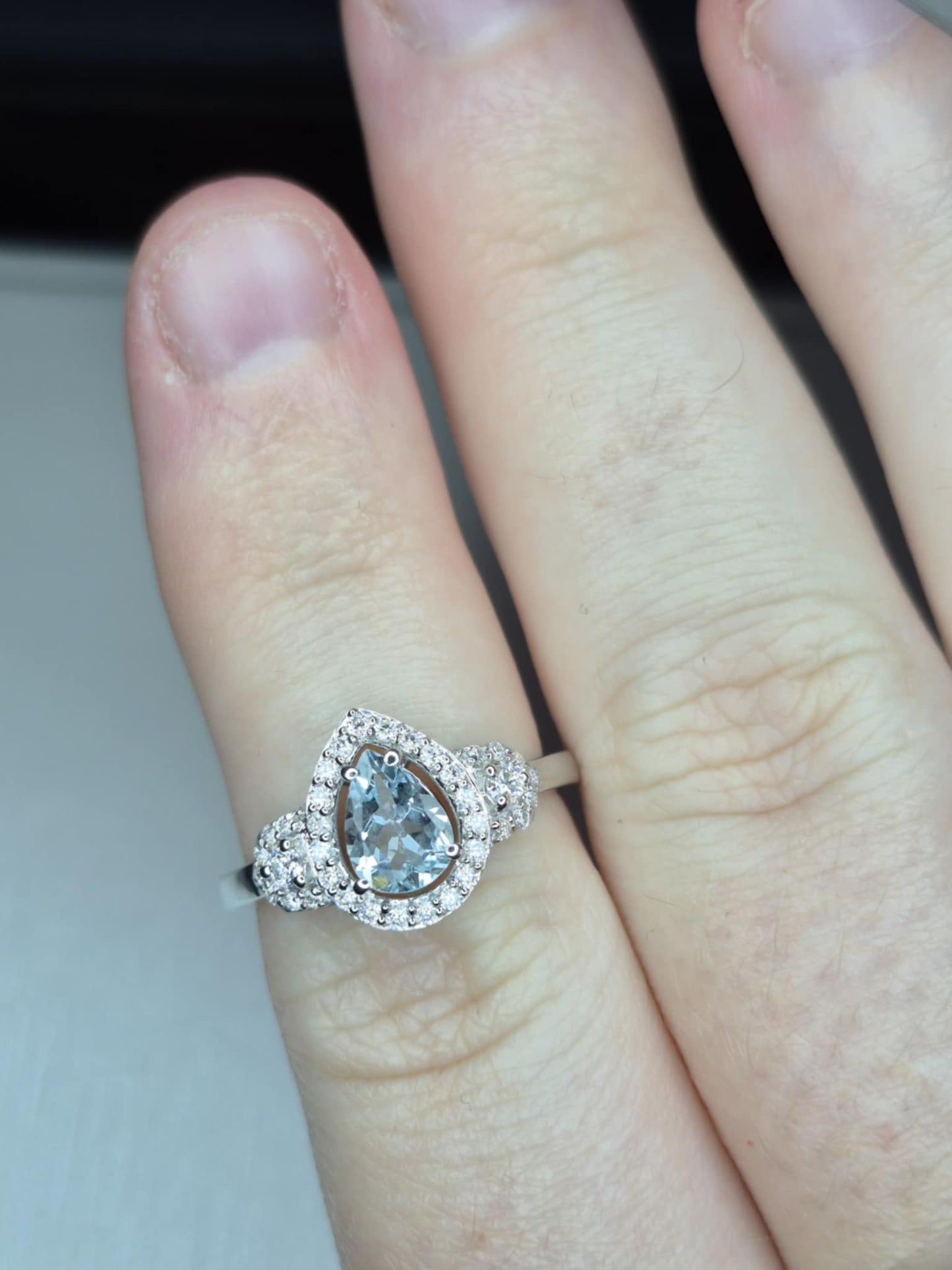 Aquamarine & Moissanite Ring in Rhodium Overlay 925 Sterling Silver SIZE M