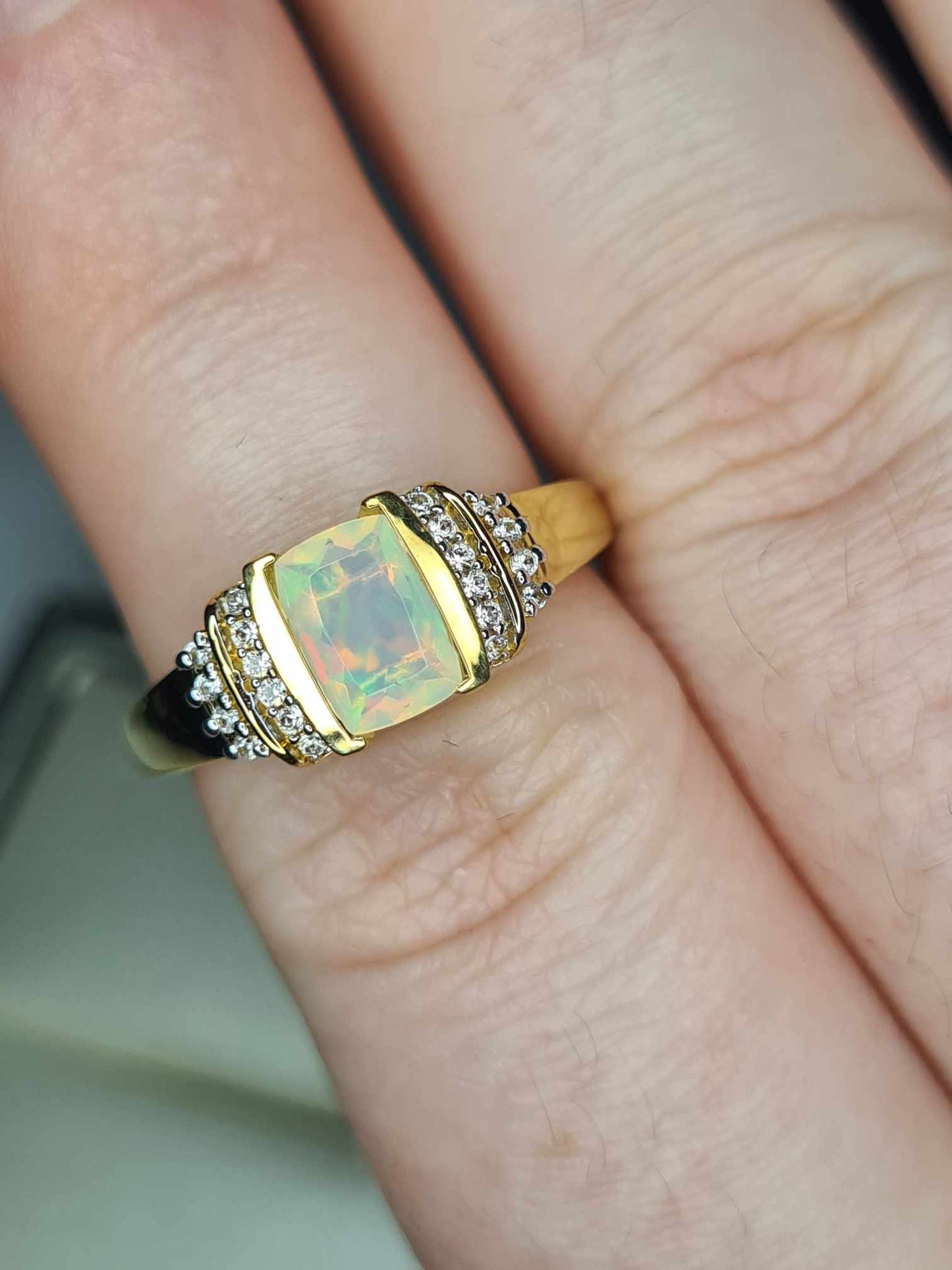 Ethiopian Welo Opal & Natural Zircon Ring in 18K Yellow Gold Overlay 925 Sterling Silver SIZE M