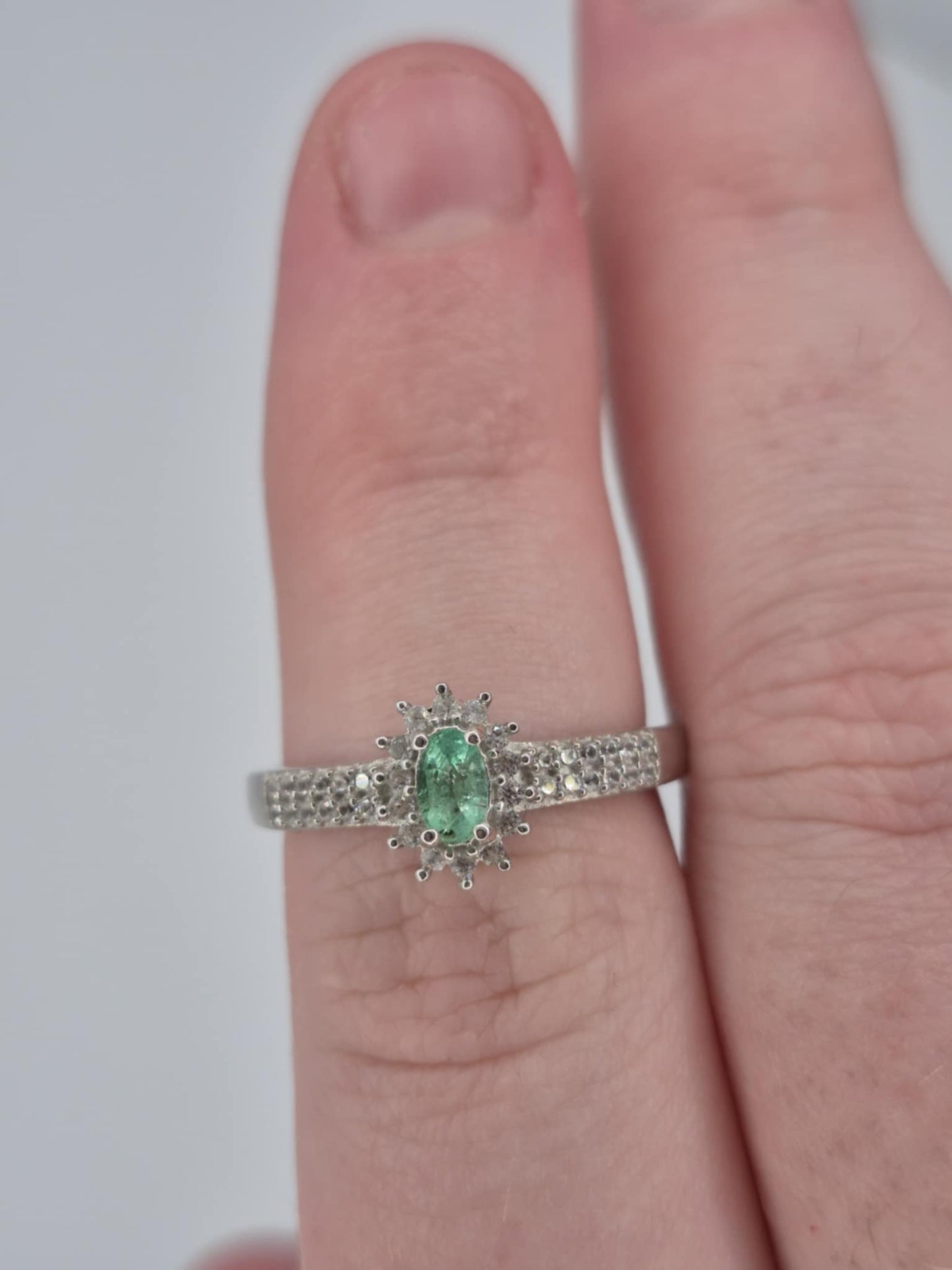 Colombian Emerald & White Zircon Halo Ring in Rhodium Overlay 925 Sterling Silver SIZE N