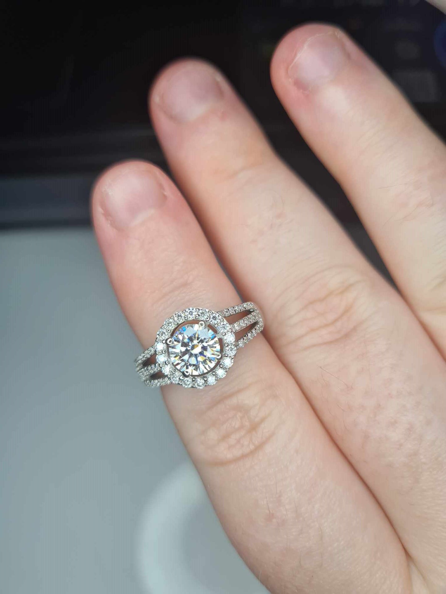 1.42ct Moissanite Halo Ring in Platinum Overlay 925 Sterling Silver SIZE L