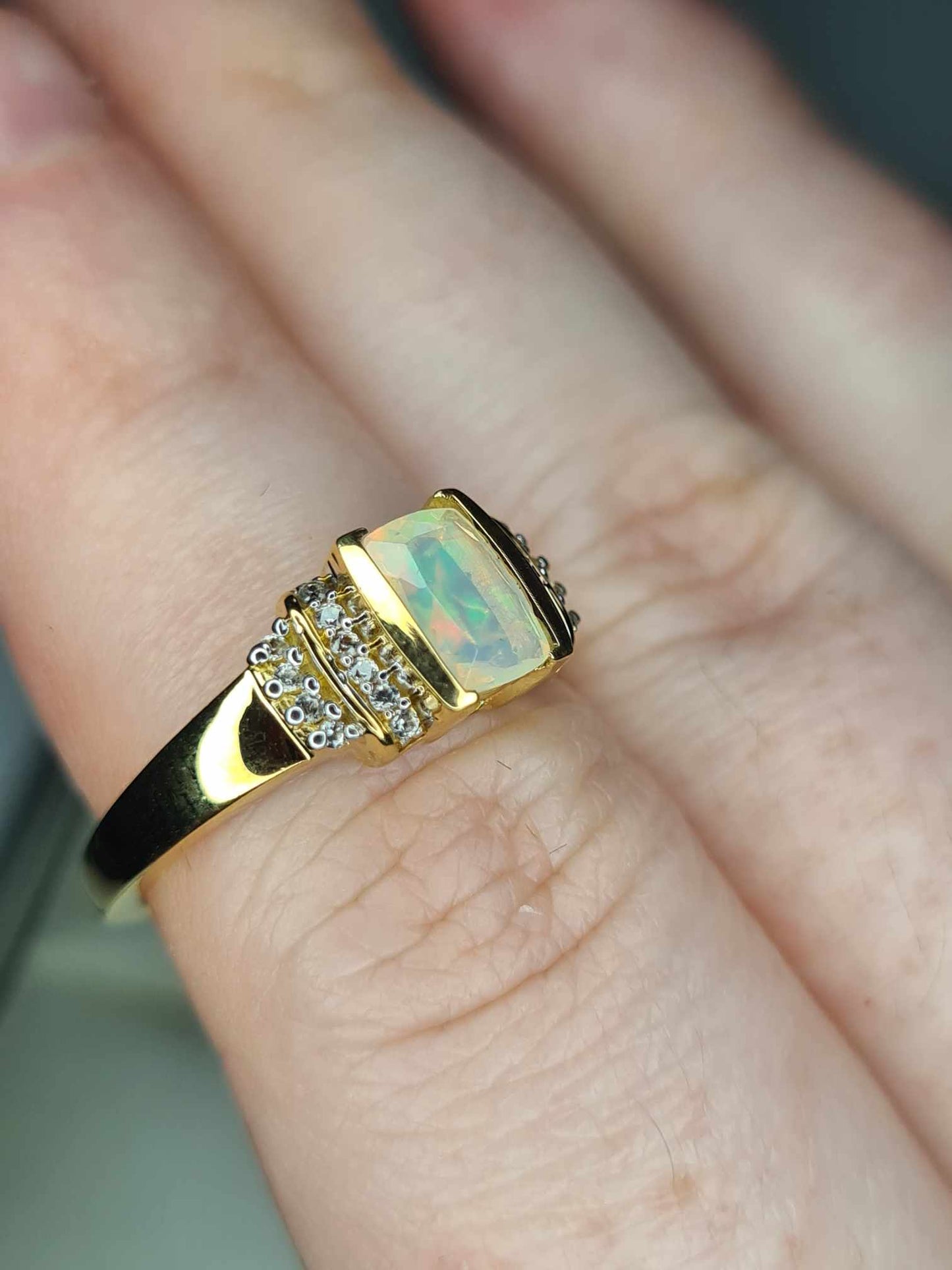 Ethiopian Welo Opal & Natural Zircon Ring in 18K Yellow Gold Overlay 925 Sterling Silver SIZE M