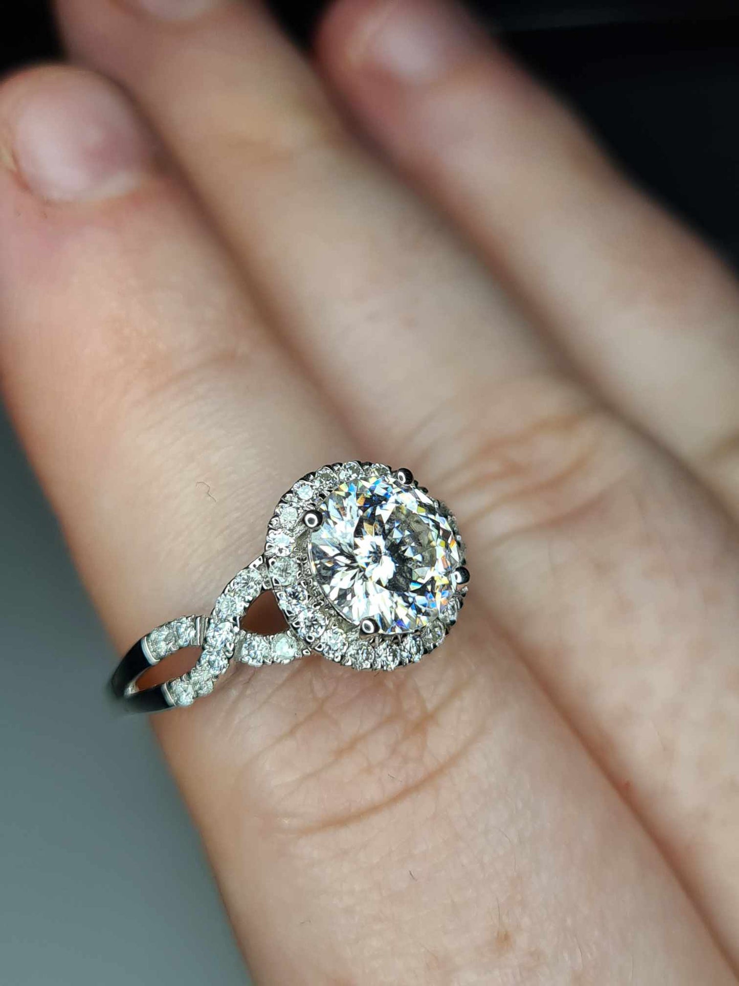 2.11ct Moissanite Halo Ring 925 Sterling Silver with platinum overlay SIZE O