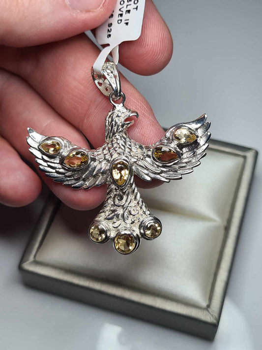 2.62ct Hand Made Citrine Eagle Pendant 925 Sterling Silver
