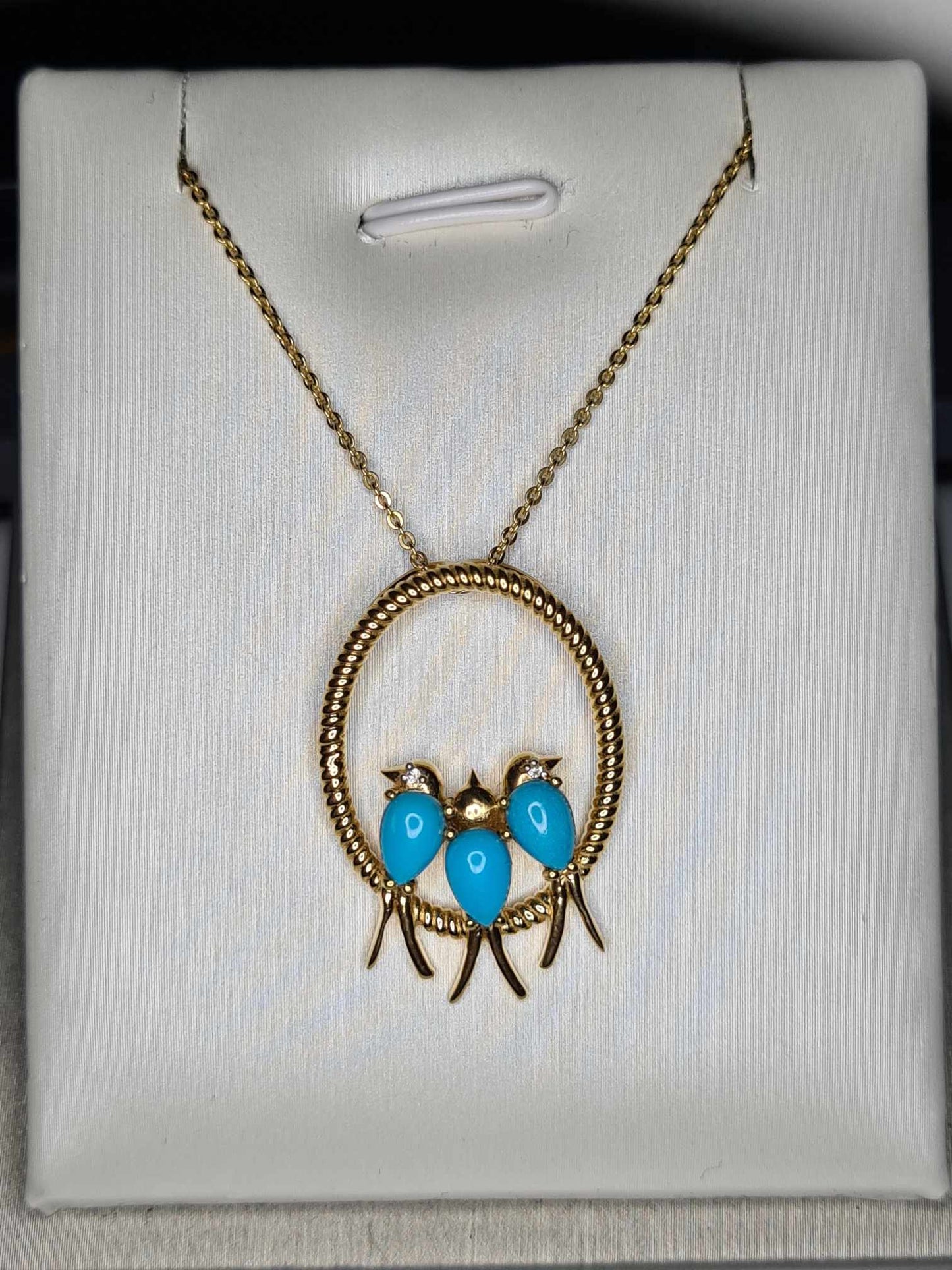 1.23 Ct Bird Arizona Sleeping Beauty Turquoise & Zircon Necklace 18k gold overlay 925 sterling silver
