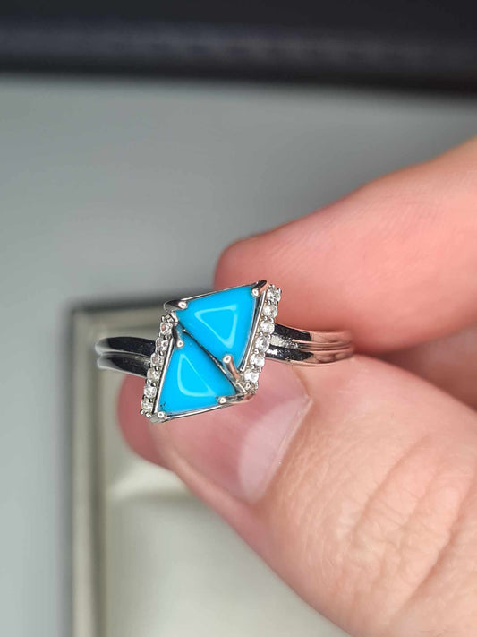 1.17 Ct. Arizona Sleeping Beauty Turquoise Triangle Ring in Platinum Overlay 925 Sterling Silver SIZE P