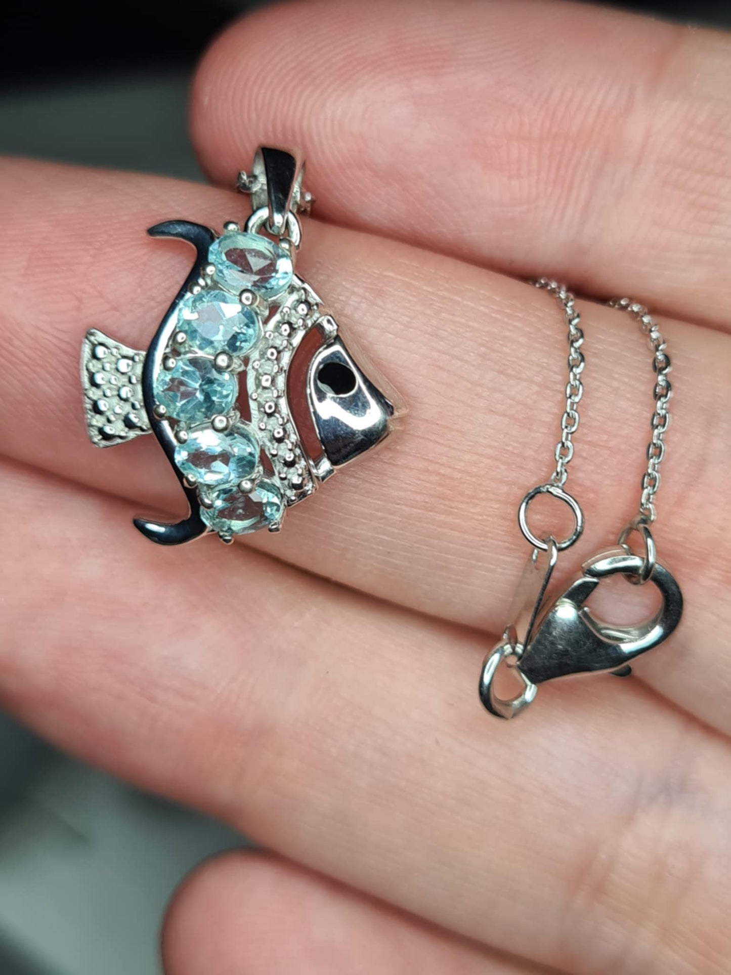 0.950ct. Lagoon Apatite Fish Necklace in Rhodium Overlay 925 Sterling Silver