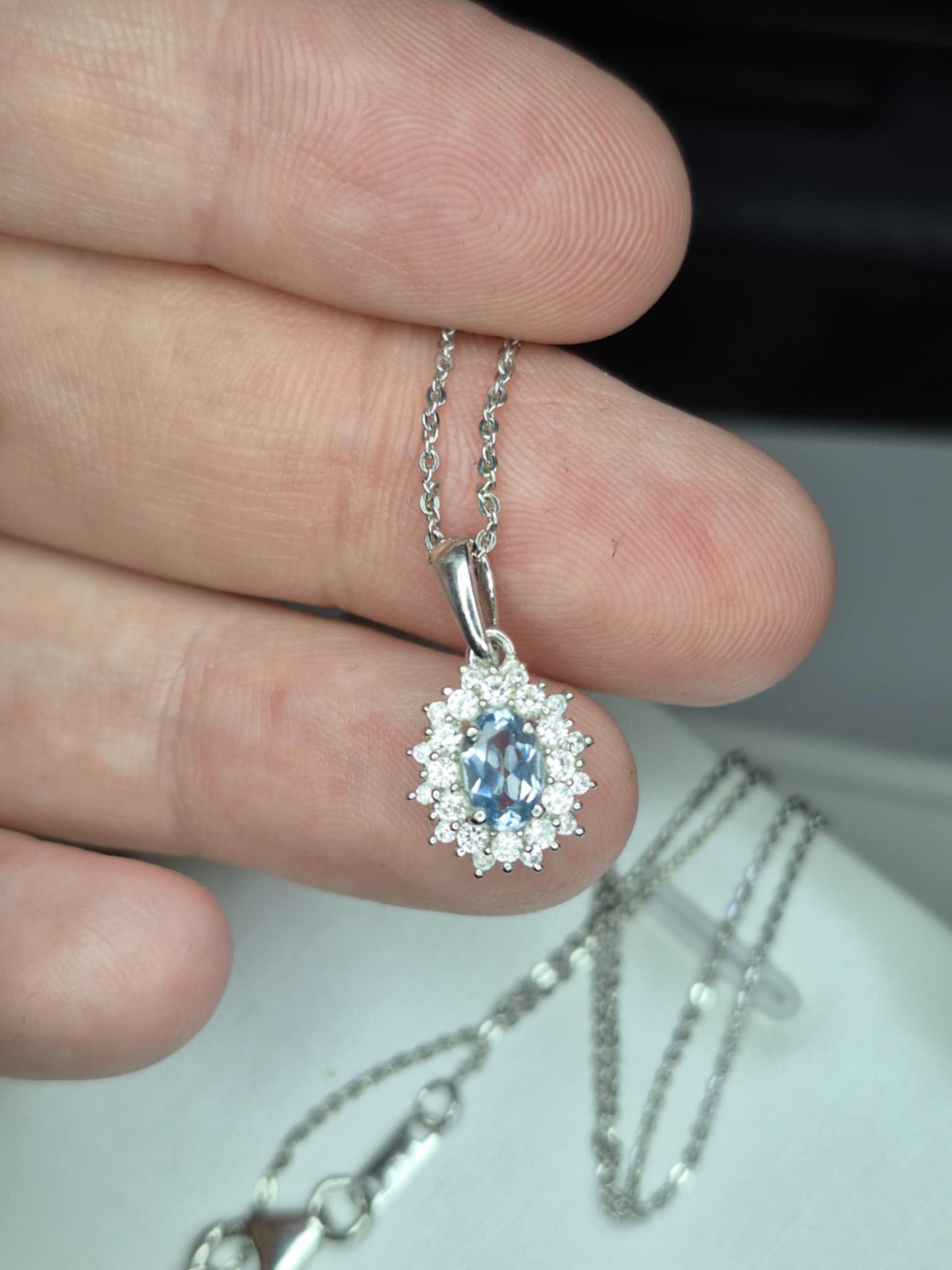 Santamaria Aquamarine & White Zircon Necklace in Rhodium Overlay 925 Sterling Silver