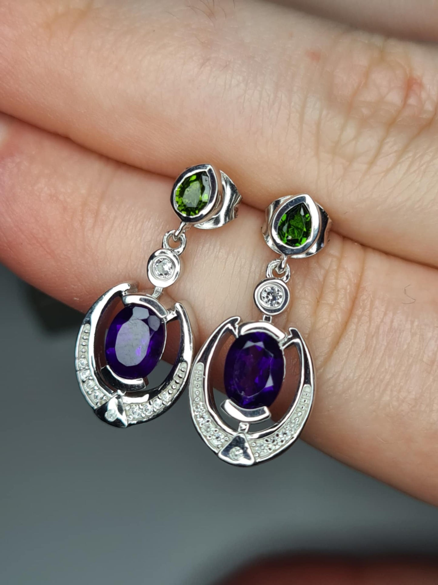 AAA African Amethyst, Natural Chrome Diopside & White Zircon Dangling Earrings 925 Sterling Silver