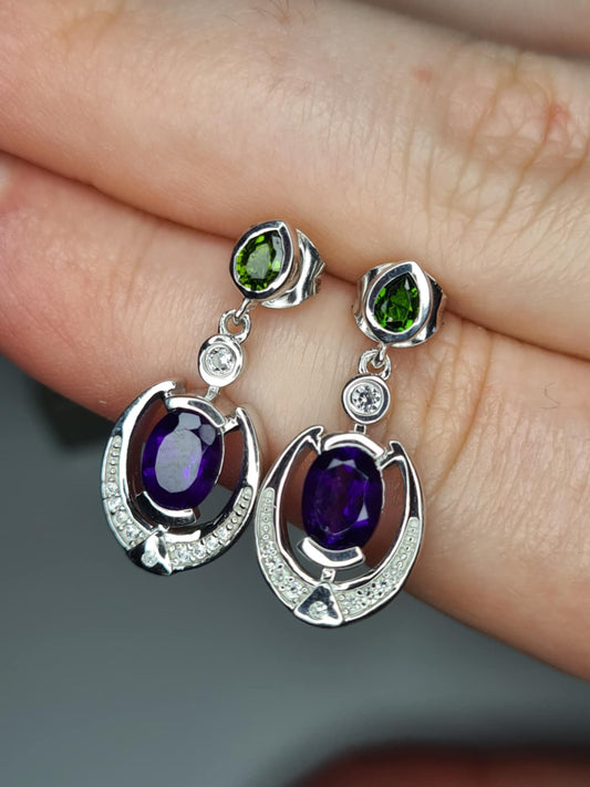 AAA African Amethyst, Natural Chrome Diopside & White Zircon Dangling Earrings 925 Sterling Silver