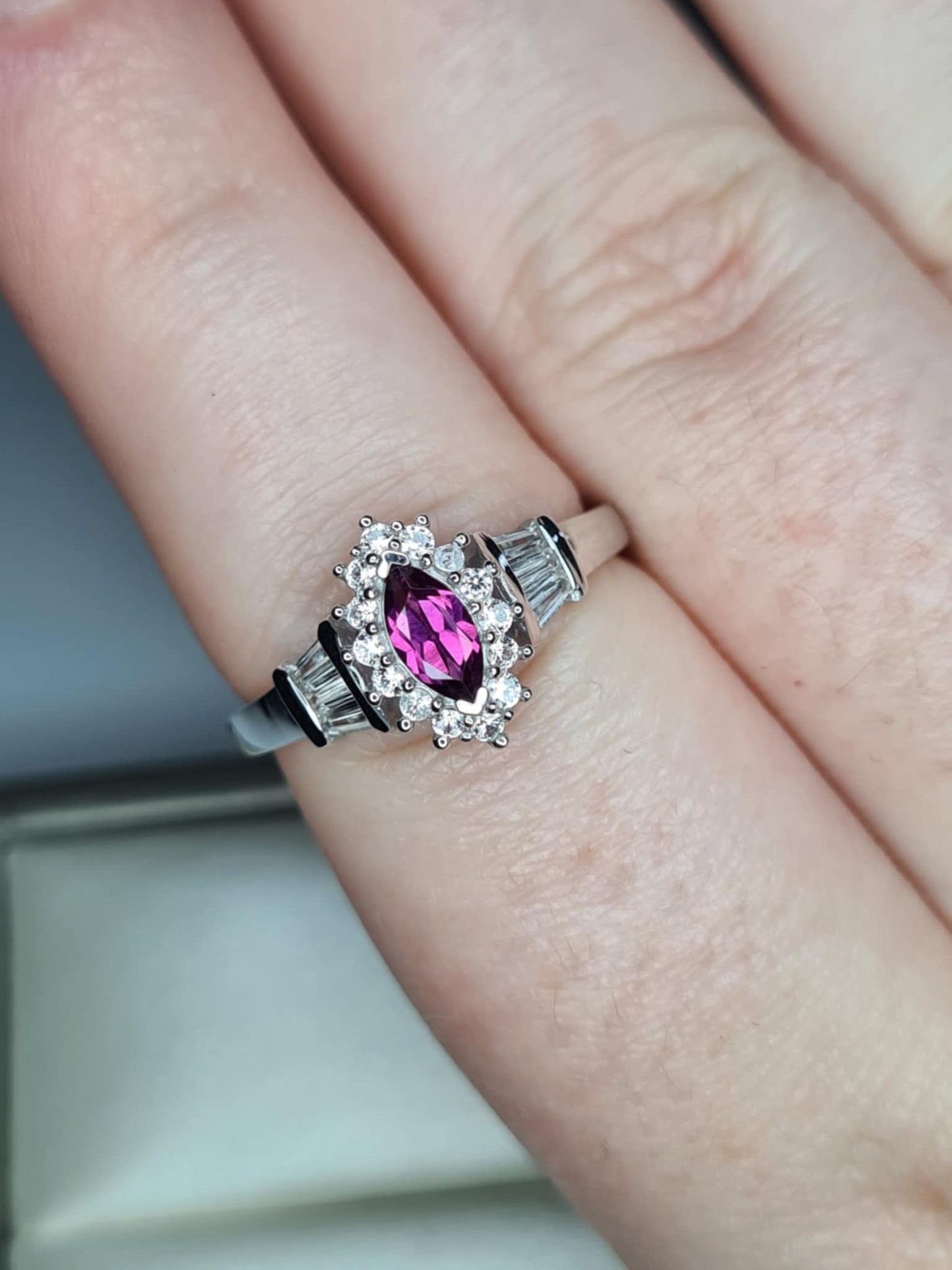 1.90ct Natural Radiant Ember Garnet, White Zircon Halo Ring in Rhodium 925 Overlay Sterling Silver SIZE P