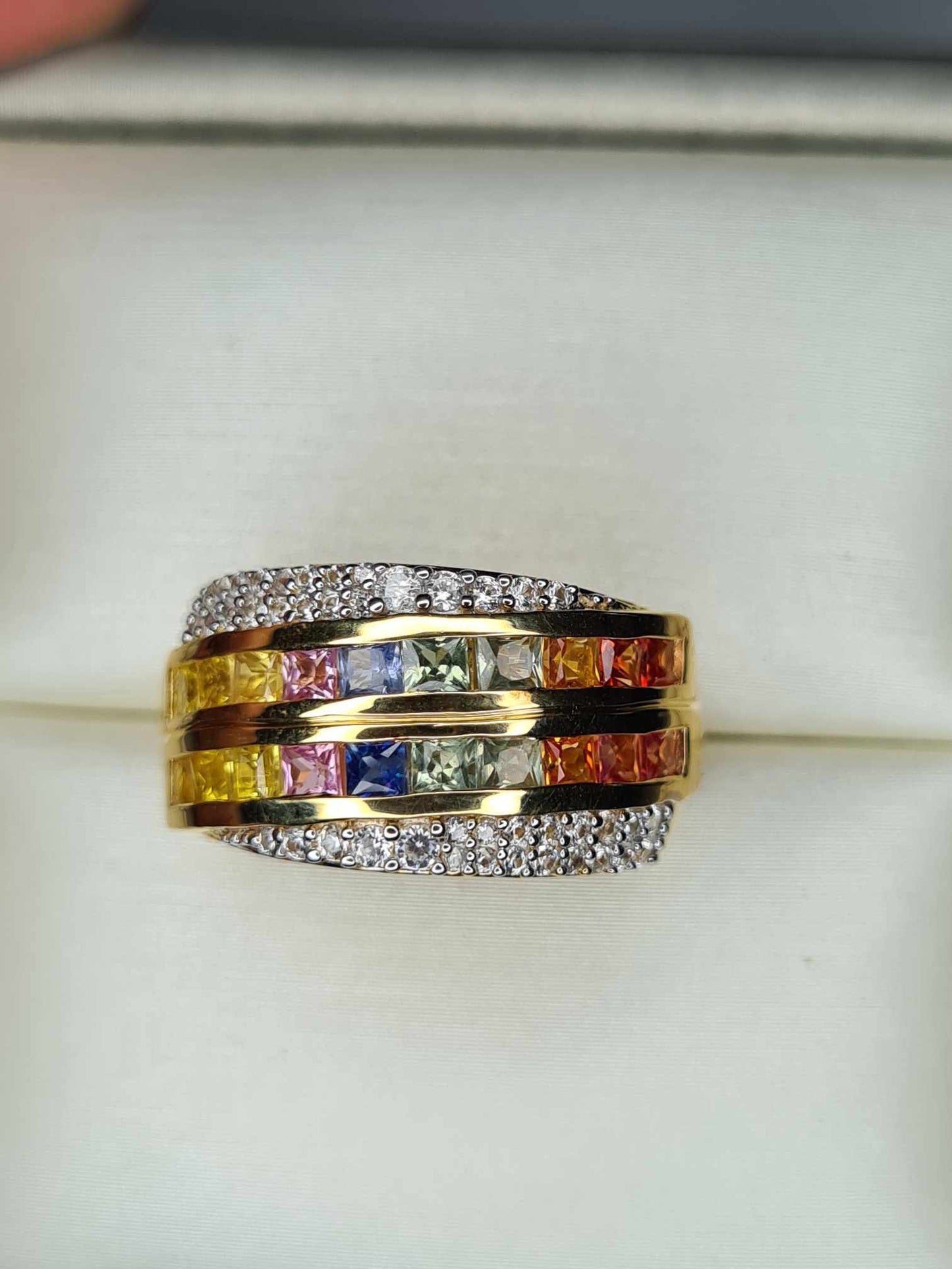 2ct Rainbow Sapphire & Natural Zircon Cluster Band Ring in 18K Gold Overlay 925 Sterling Silver SIZE J