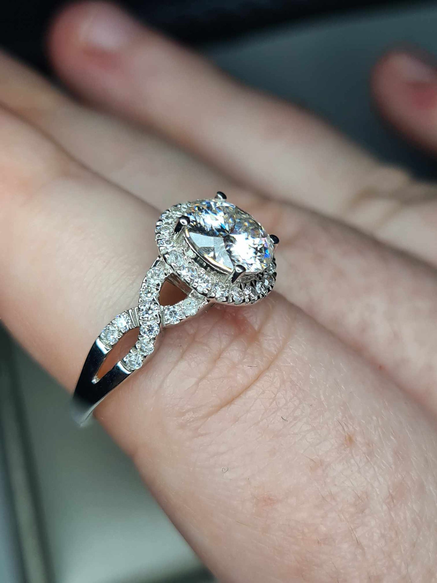 2.11ct Moissanite Halo Ring 925 Sterling Silver with platinum overlay SIZE O