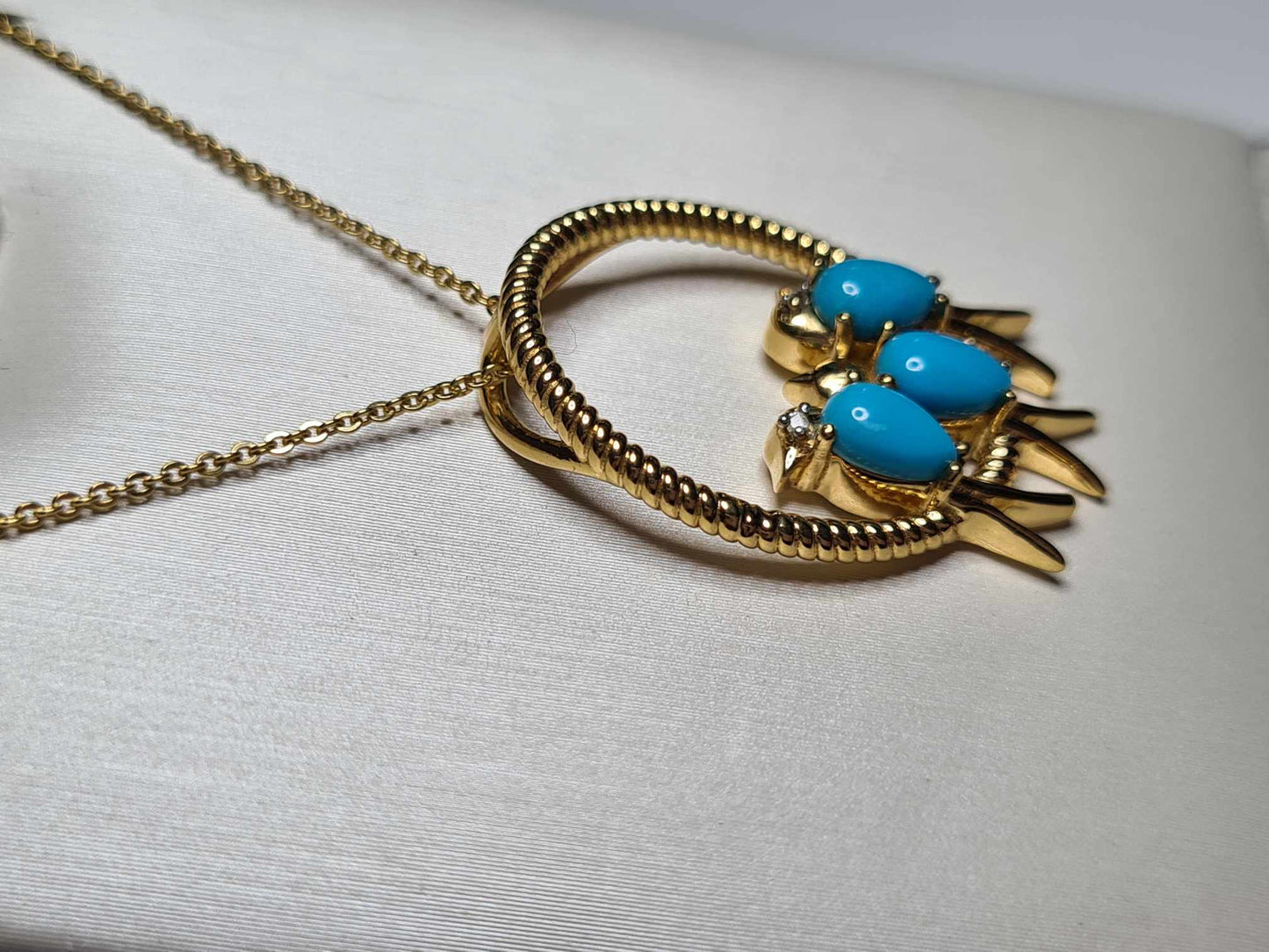 1.23 Ct Bird Arizona Sleeping Beauty Turquoise & Zircon Necklace 18k gold overlay 925 sterling silver