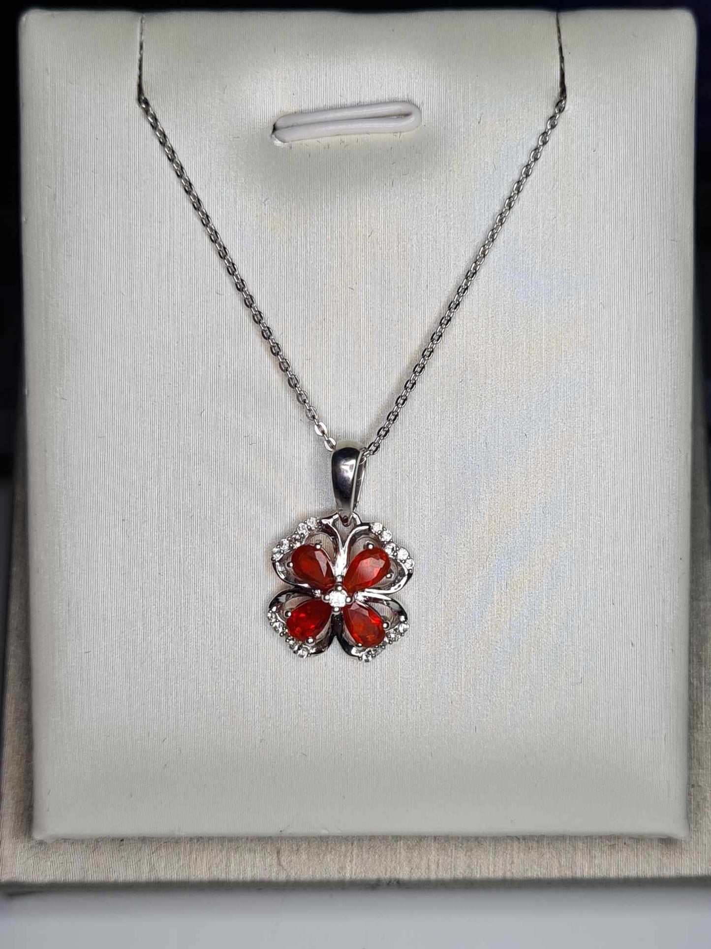 0.790ct. Fire Opal & Natural Zircon Clover Necklace in Platinum Overlay 925 Sterling Silver