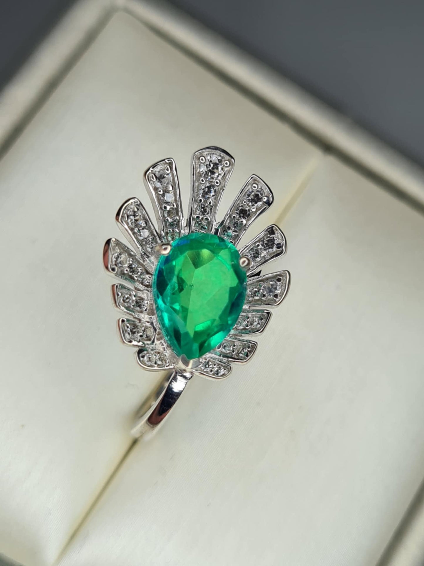 2.59 Ct Peacock Triplet Quartz, White Zircon Ring in 925 Sterling Silver SIZE K