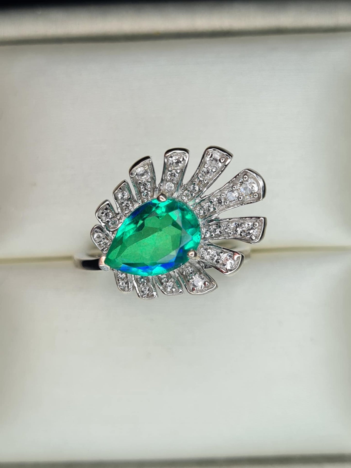2.59 Ct Peacock Triplet Quartz, White Zircon Ring in 925 Sterling Silver SIZE K
