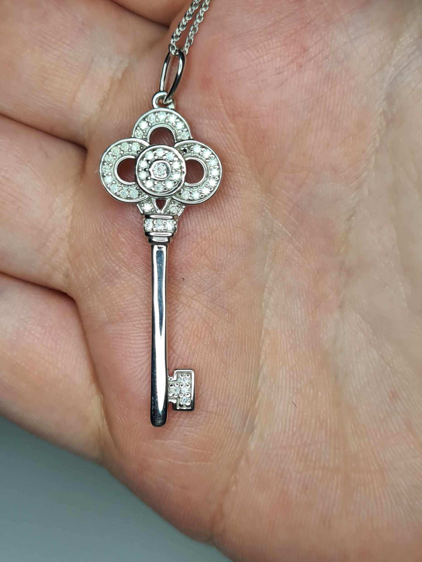 Moissanite Key Necklace Platinum Overlay 925 Sterling Silver