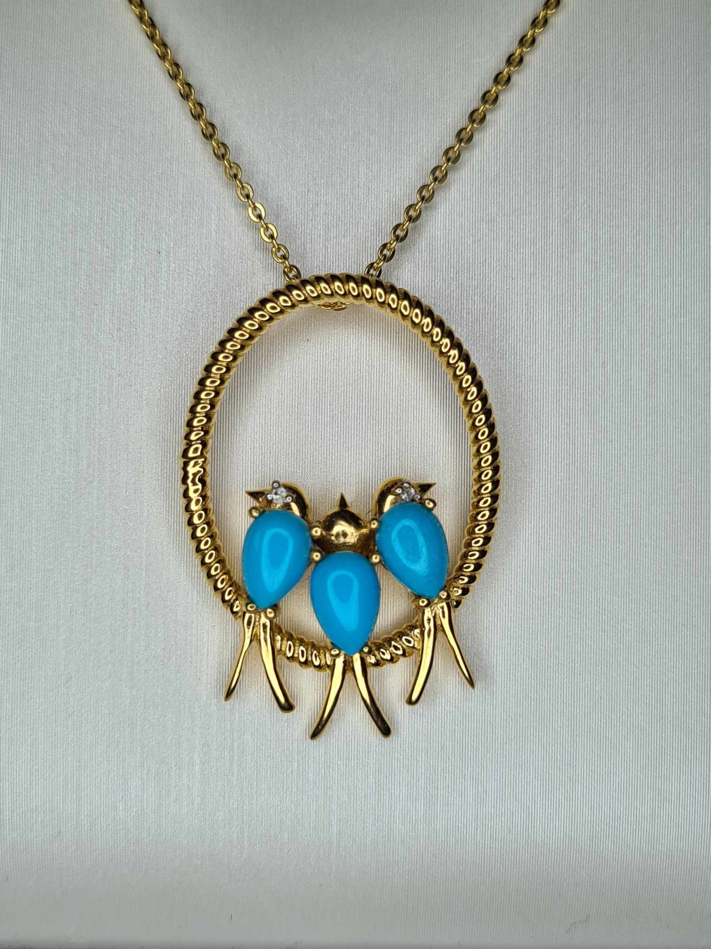 1.23 Ct Bird Arizona Sleeping Beauty Turquoise & Zircon Necklace 18k gold overlay 925 sterling silver