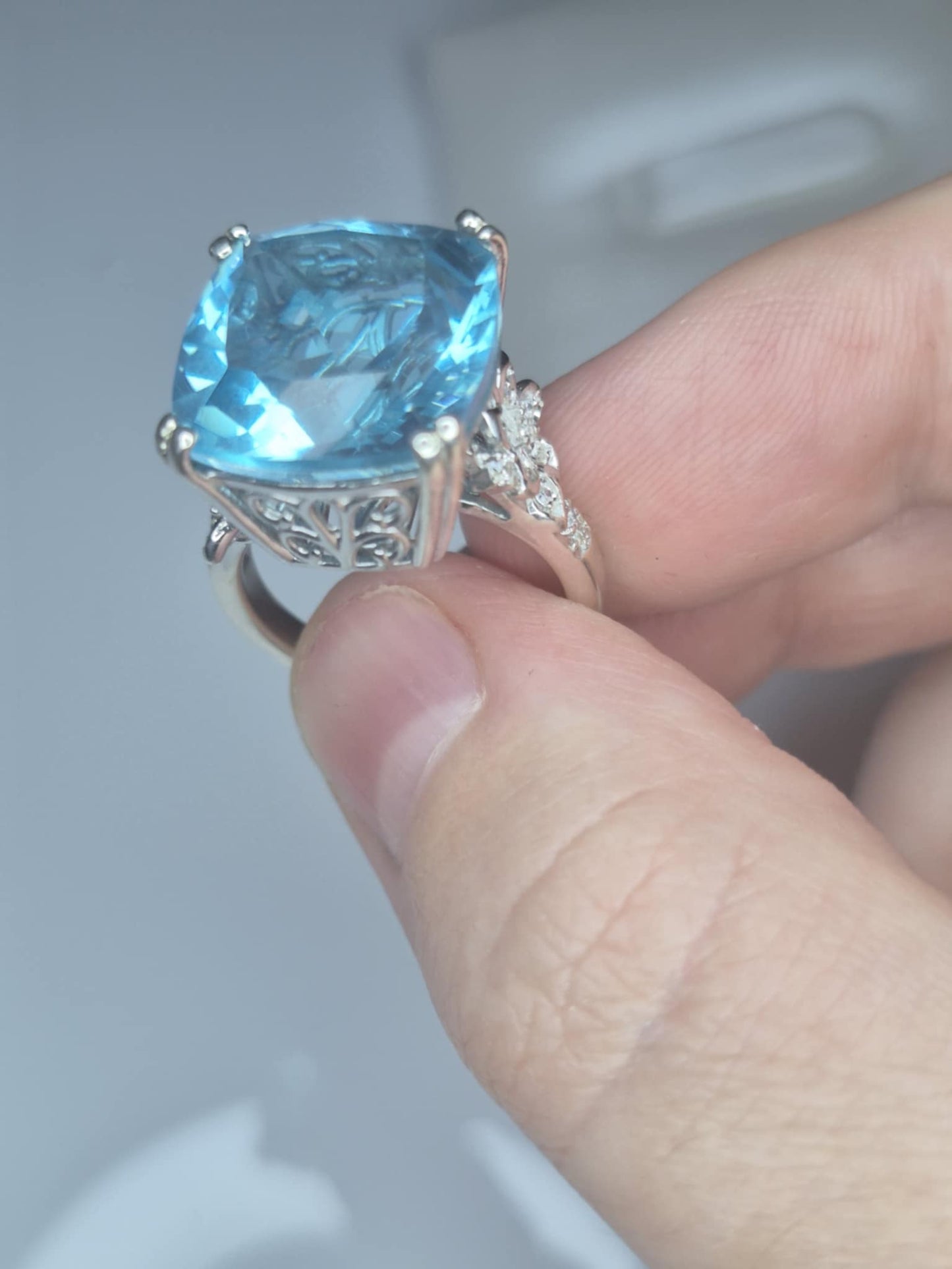 11.37ct Radiant Glacier Quartz & White Zircon Solitaire Ring in Rhodium Overlay 925 Sterling Silver SIZE L