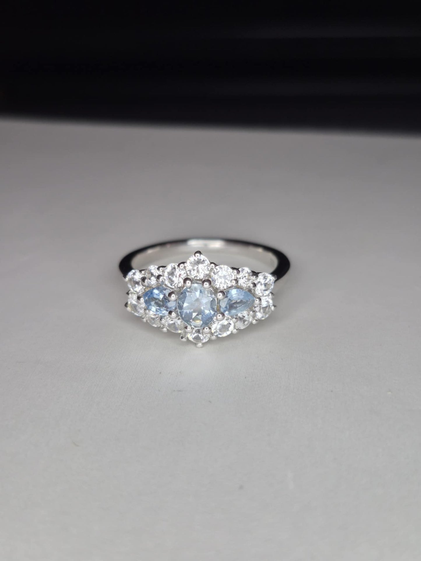 Santamaria Aquamarine & Zircon Boat Ring in Rhodium Overlay 925 Sterling Silver SIZE M
