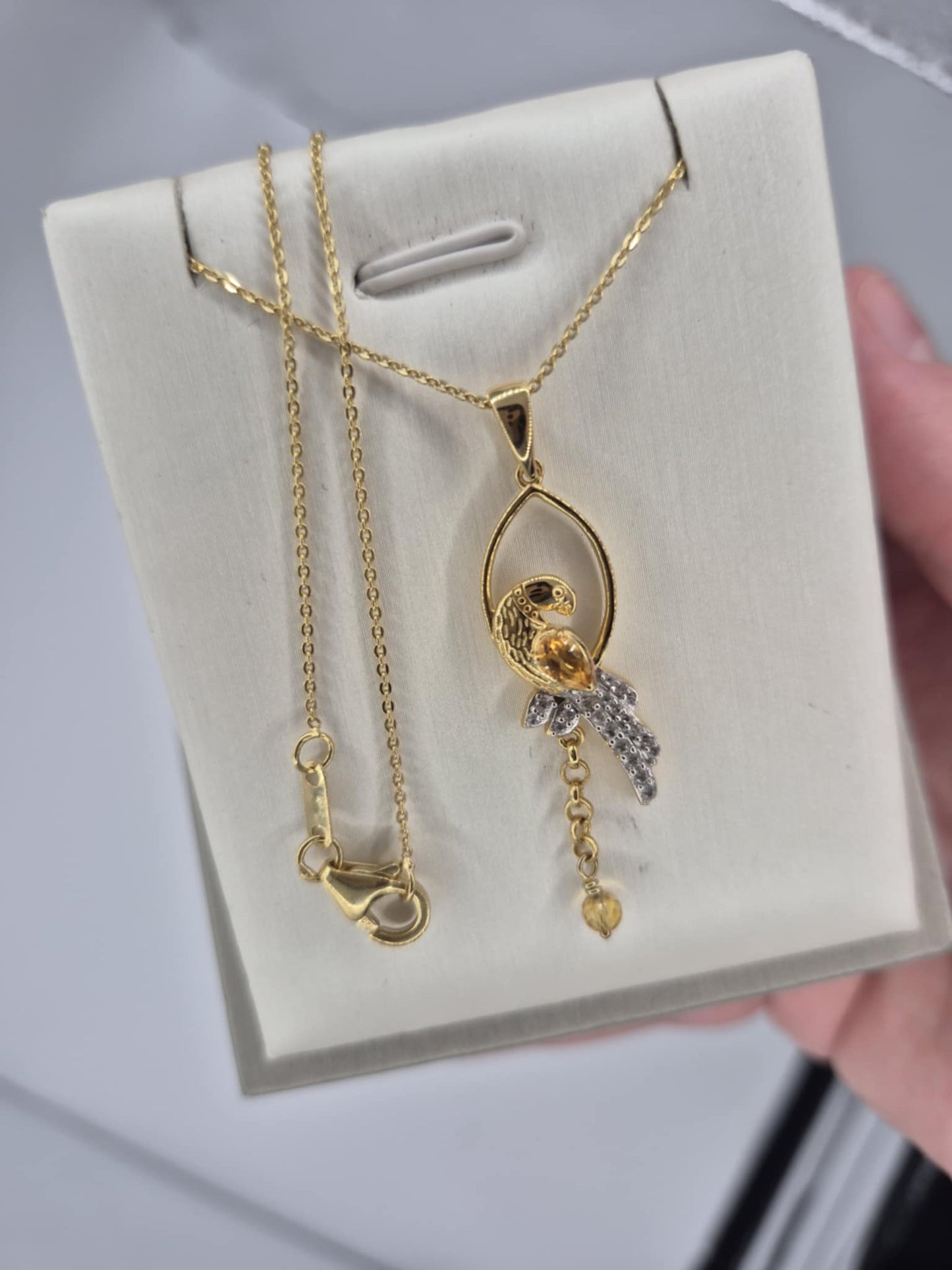 0.756ct. Citrine , White Zircon, Blue Sapphire Bird Necklace in 18K Gold Overlay 925 Sterling Silver