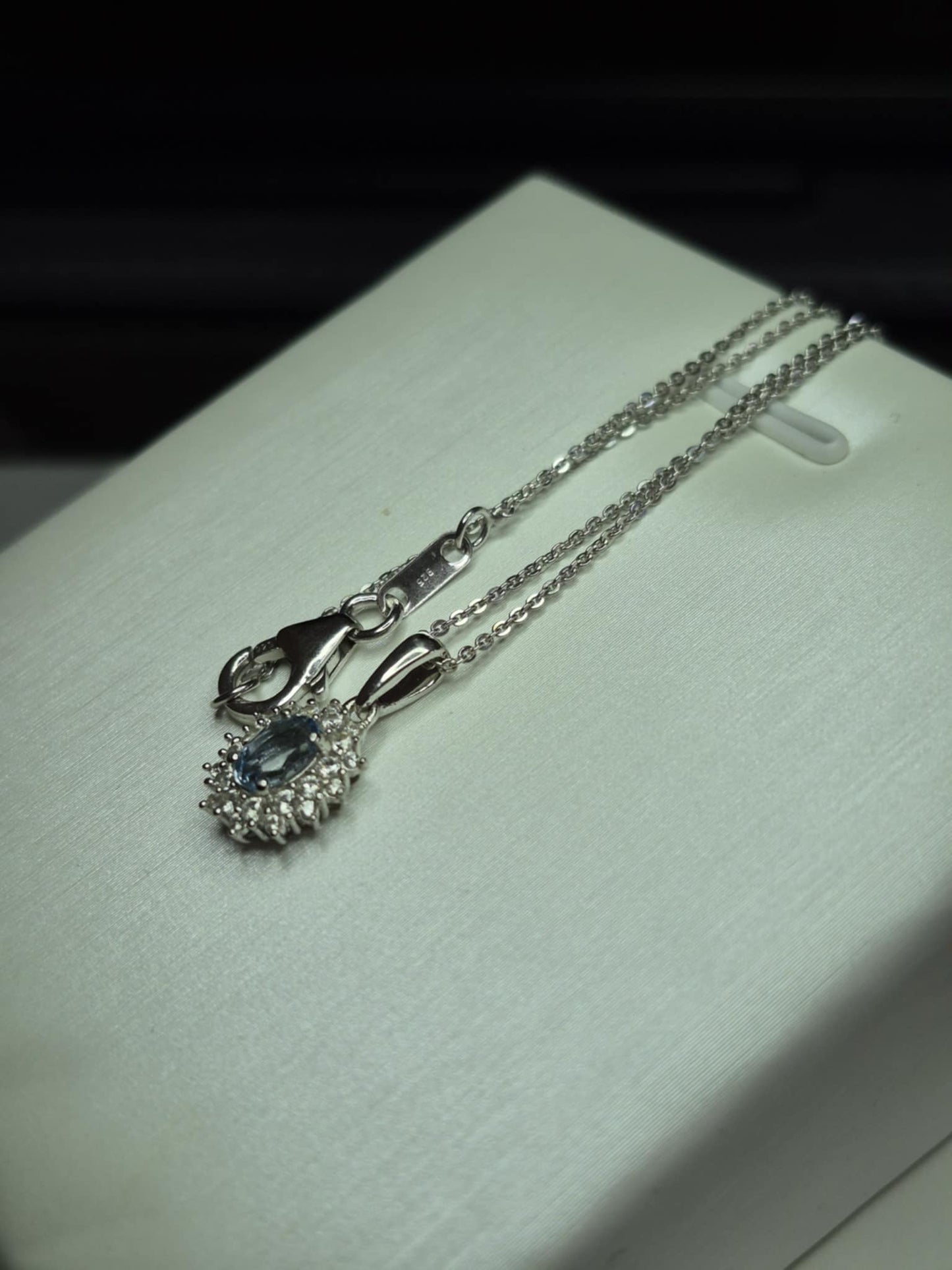 Santamaria Aquamarine & White Zircon Necklace in Rhodium Overlay 925 Sterling Silver