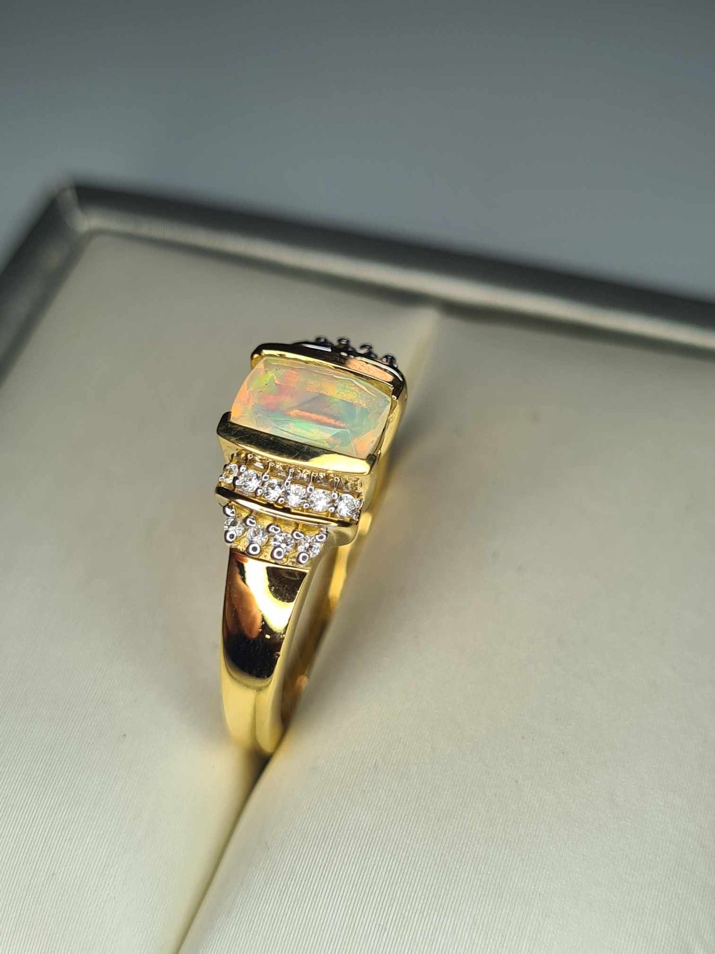 Ethiopian Welo Opal & Natural Zircon Ring in 18K Yellow Gold Overlay 925 Sterling Silver SIZE M