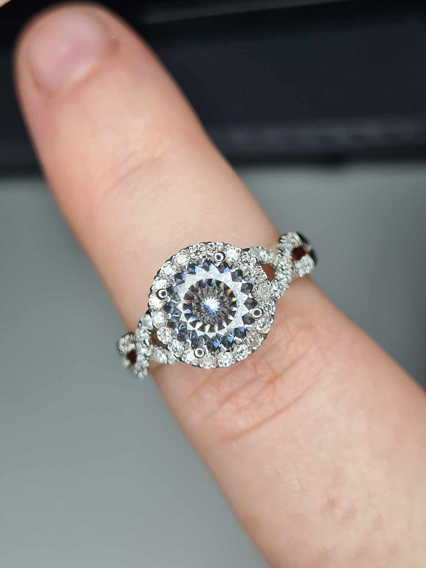 2.11ct Moissanite Halo Ring 925 Sterling Silver with platinum overlay SIZE O