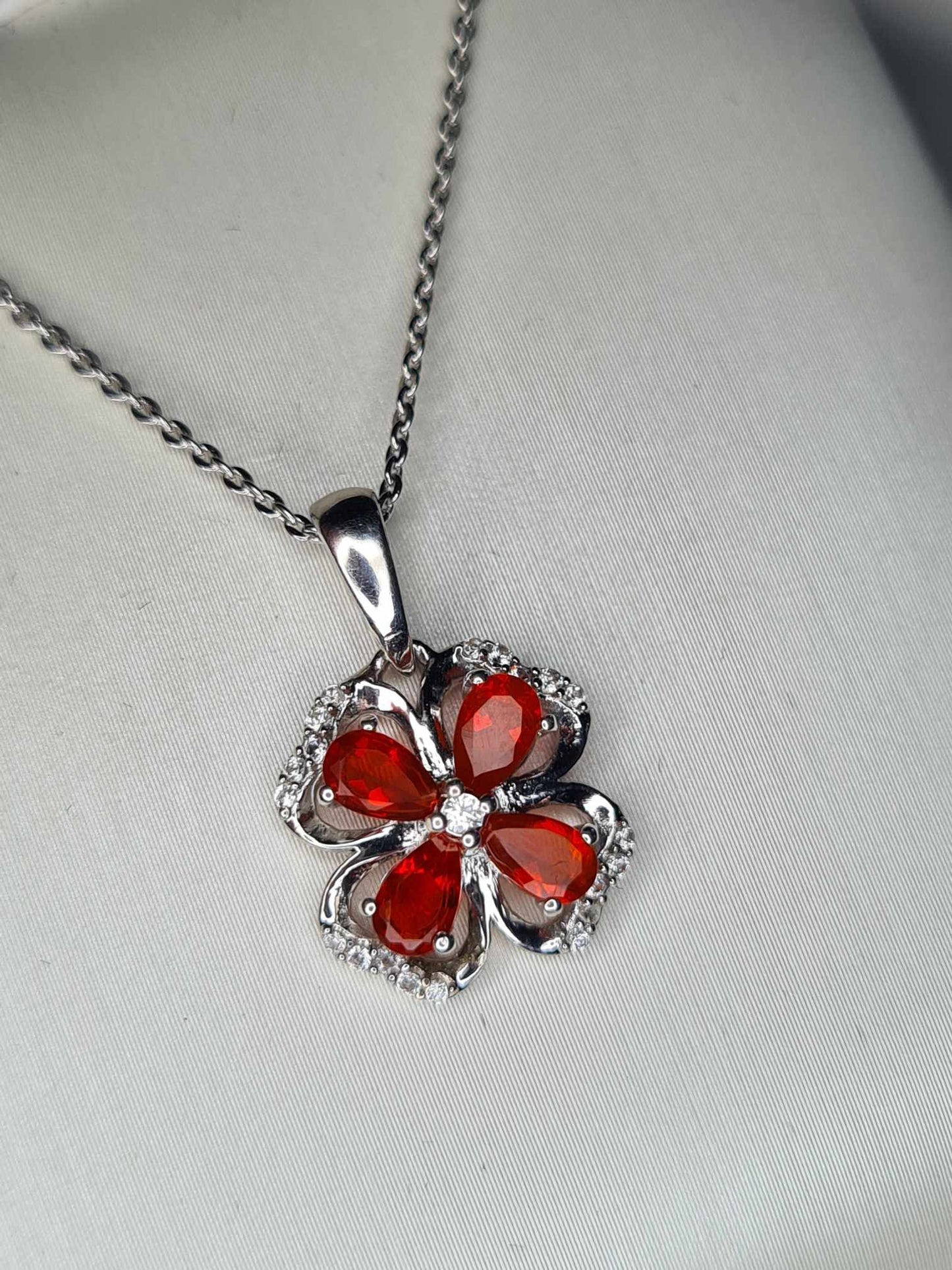 0.790ct. Fire Opal & Natural Zircon Clover Necklace in Platinum Overlay 925 Sterling Silver