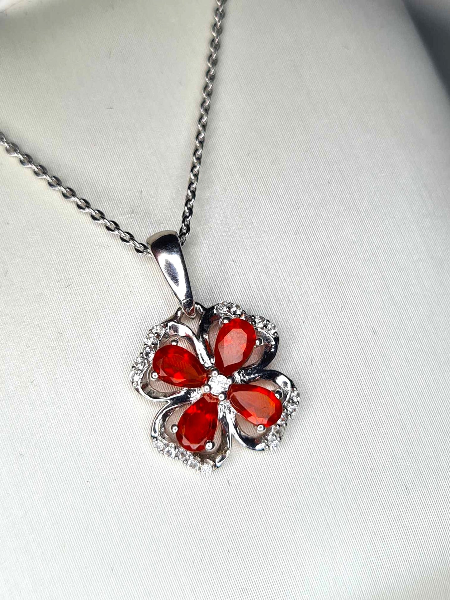 0.790ct. Fire Opal & Natural Zircon Clover Necklace in Platinum Overlay 925 Sterling Silver