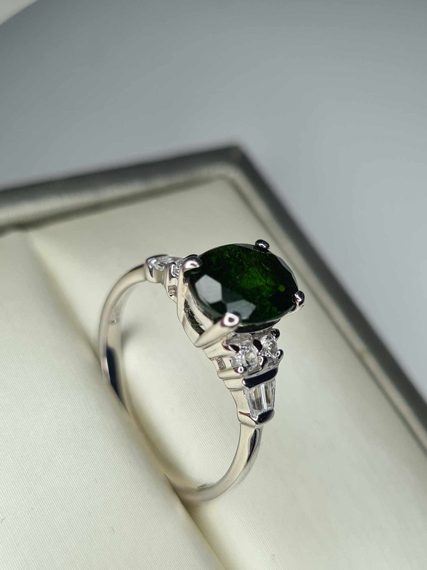 2.40ct Natural Russian Diopside and Natural Zircon Ring 925 Sterling Silver SIZE N