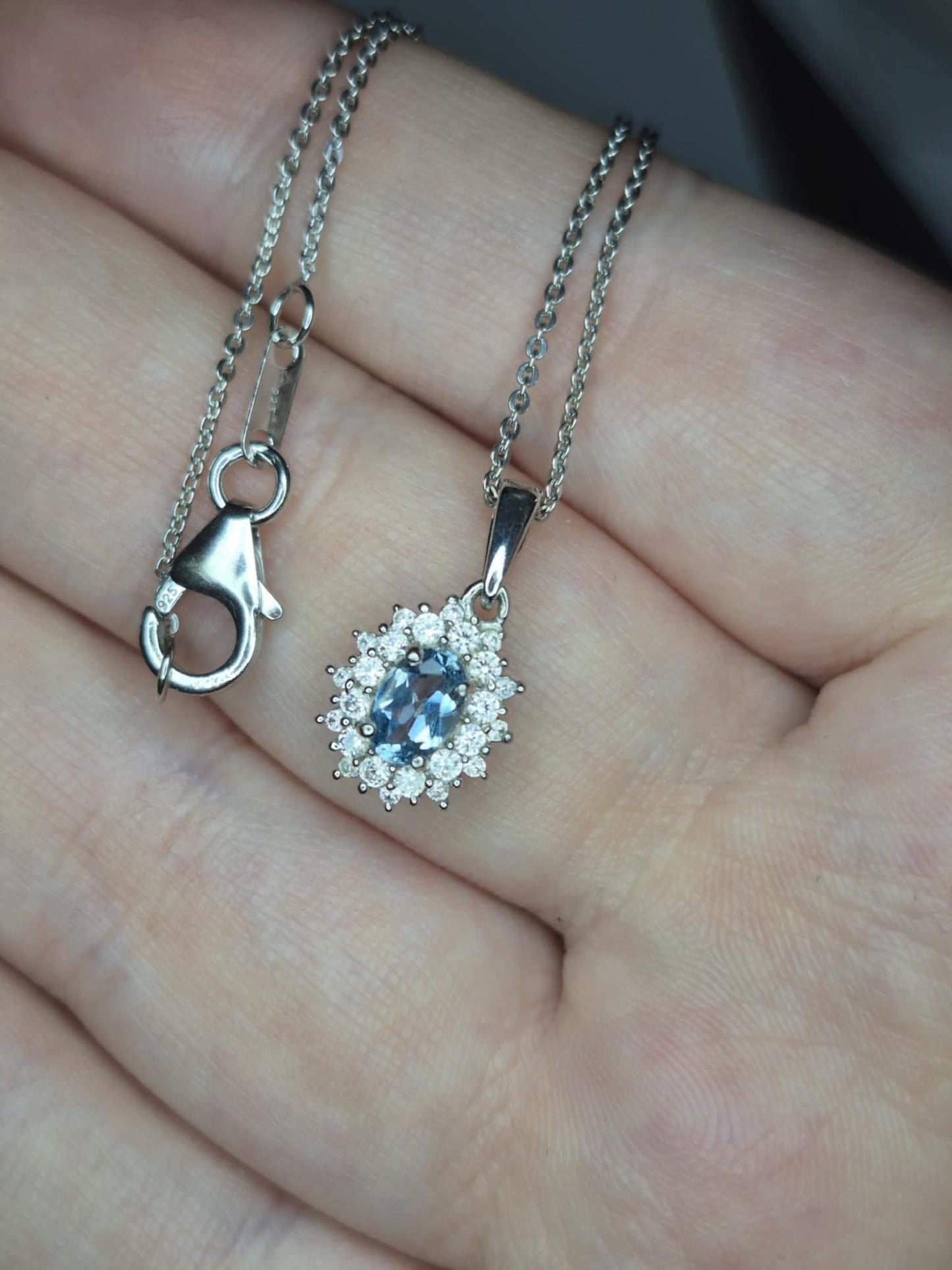 Santamaria Aquamarine & White Zircon Necklace in Rhodium Overlay 925 Sterling Silver