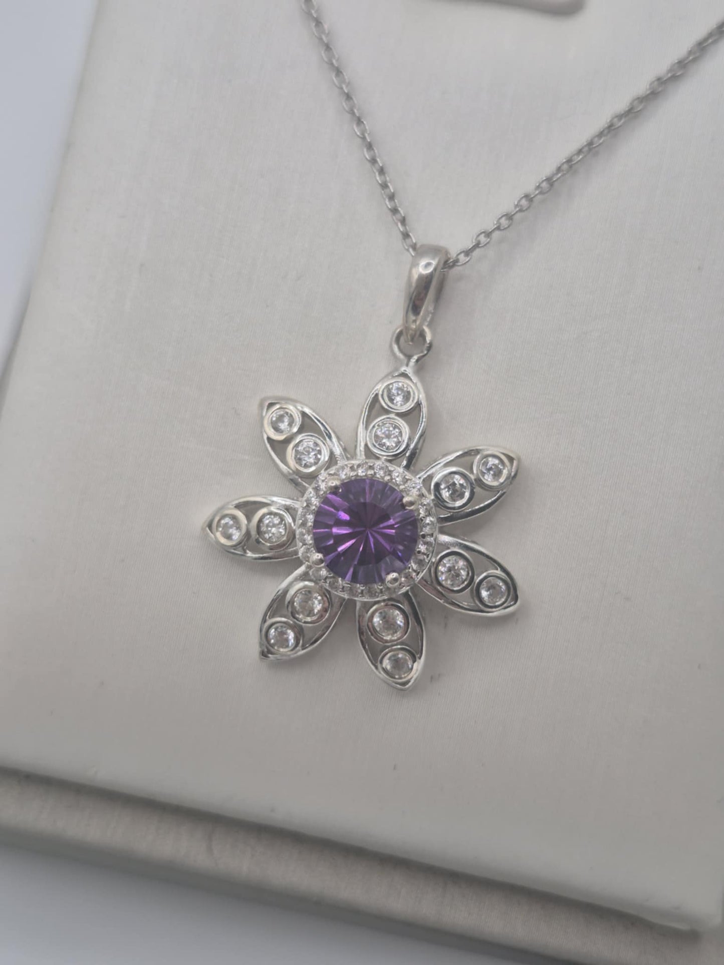 2.220ct. Flower Amethyst & White Zircon Necklace in Rhodium Overlay 925 Sterling Silver